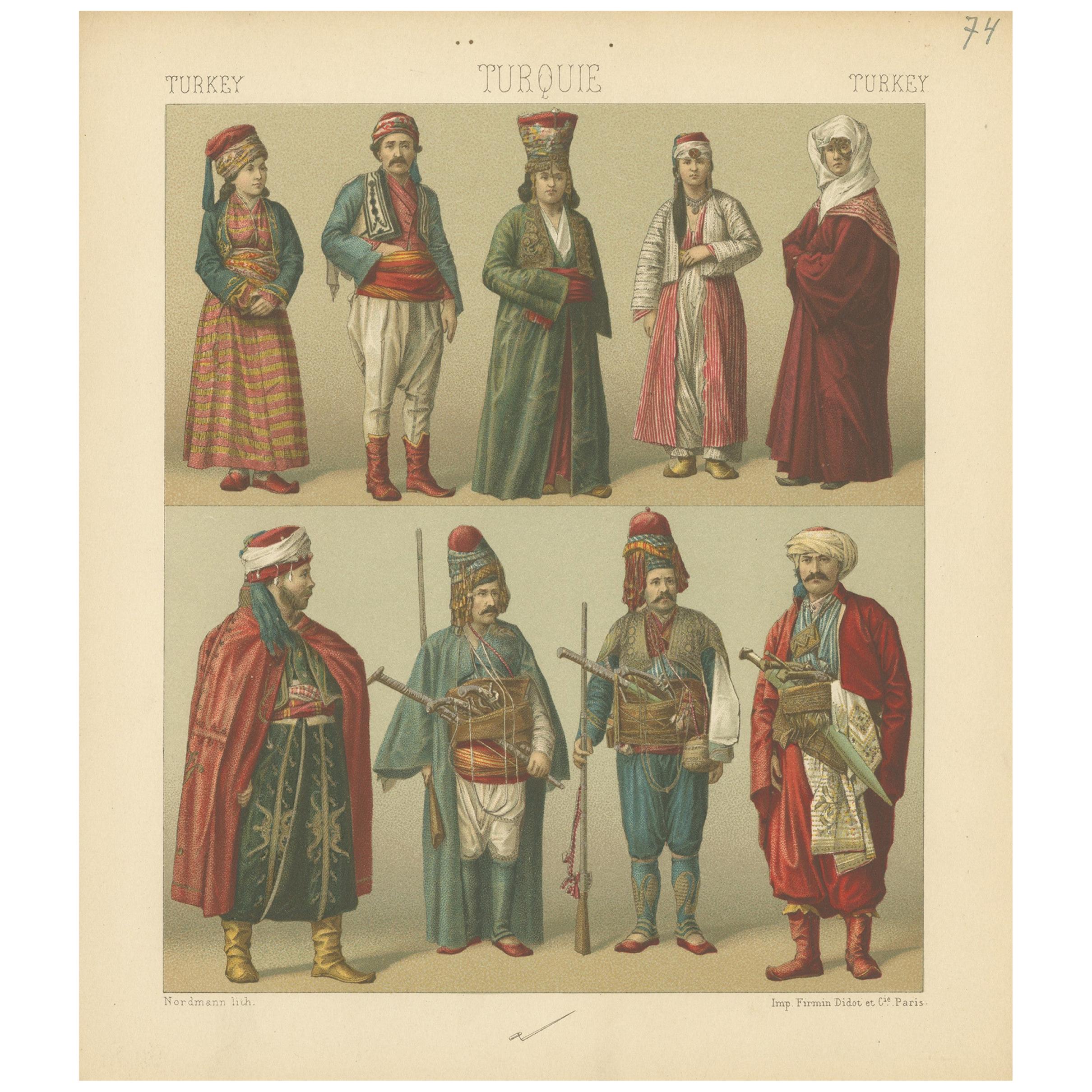 Antique Print of Turkish Costumes by Racinet, 'circa 1880' For Sale