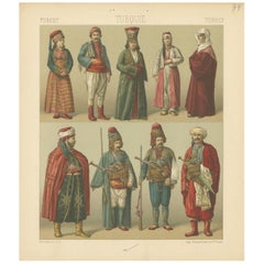 Antique Print of Turkish Costumes by Racinet, 'circa 1880'