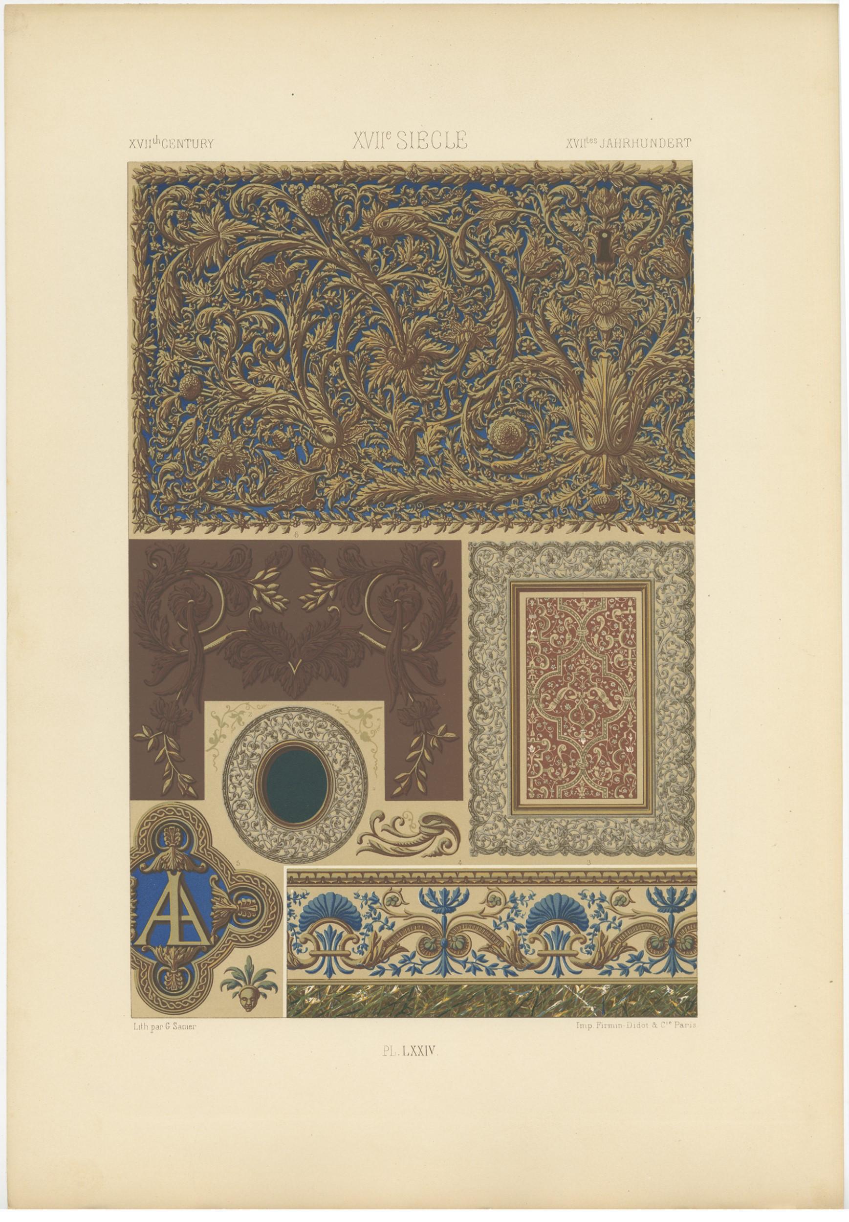 Pl. 74 Stampa antica di ornamenti del XVII secolo di Racinet, 'circa 1890'. 74 Stampa antica di ornamenti del XVII secolo di Racinet, 