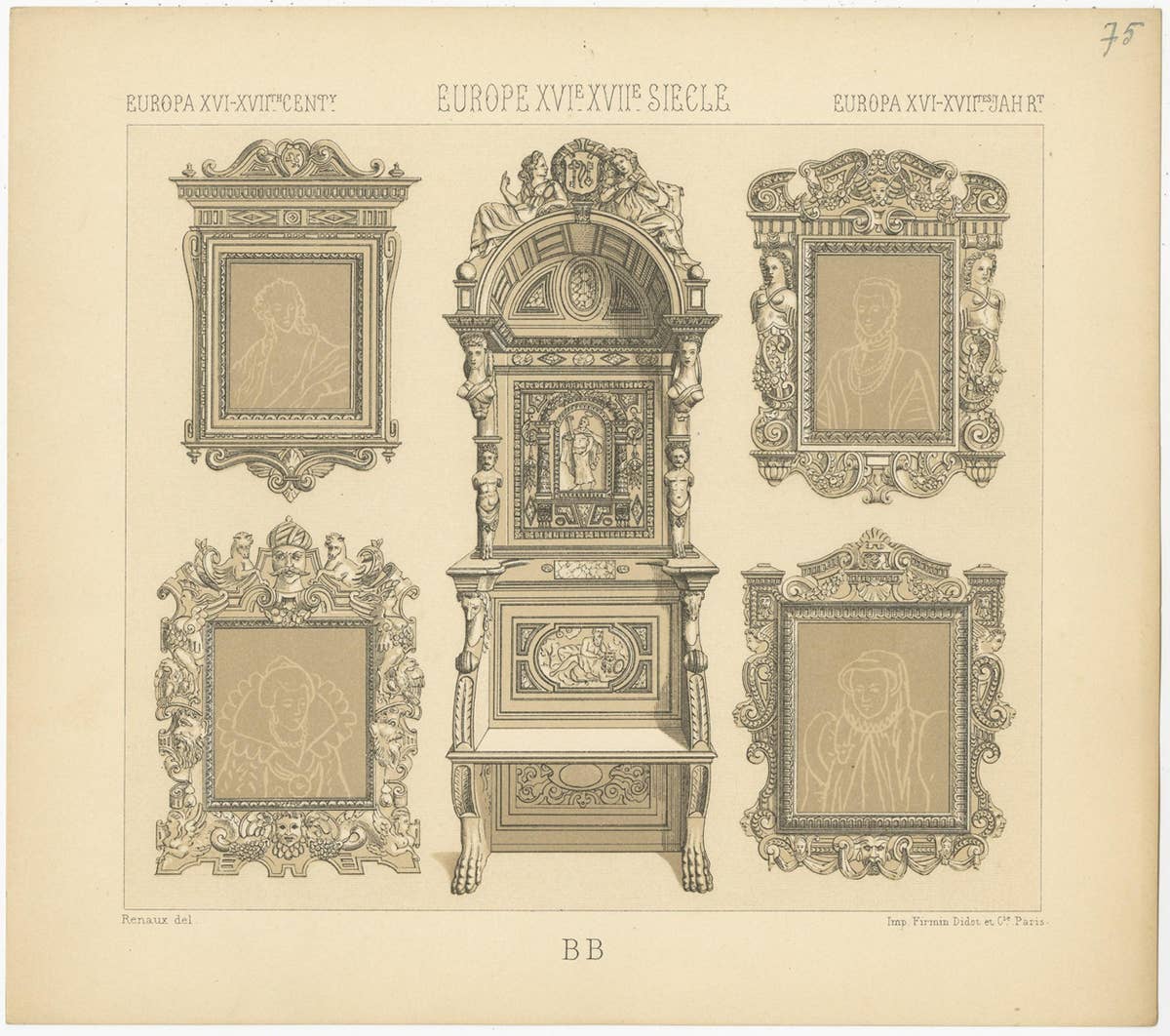 Pl. 75 Antique Print of European XVIth-XVIIth Furniture by Racinet 'circa 1880'