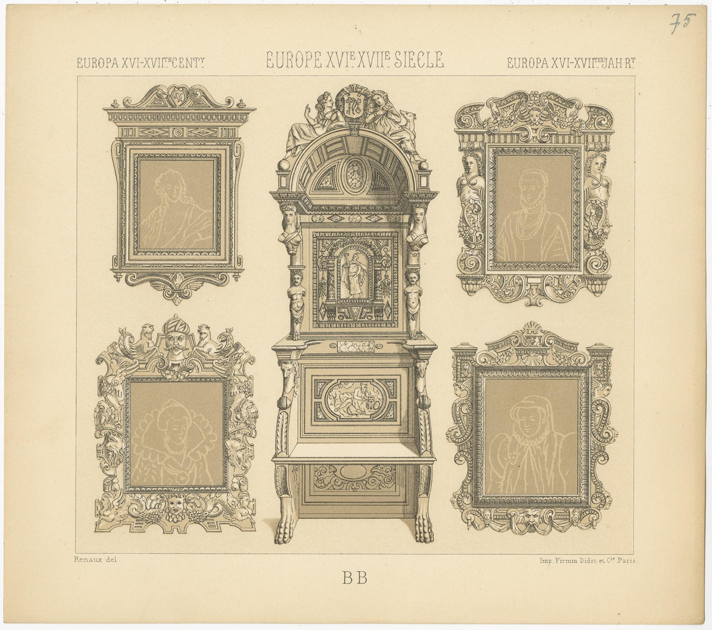 Pl. 75 Antique Print of European XVIth-XVIIth Furniture by Racinet 'circa 1880' In Good Condition For Sale In Langweer, NL