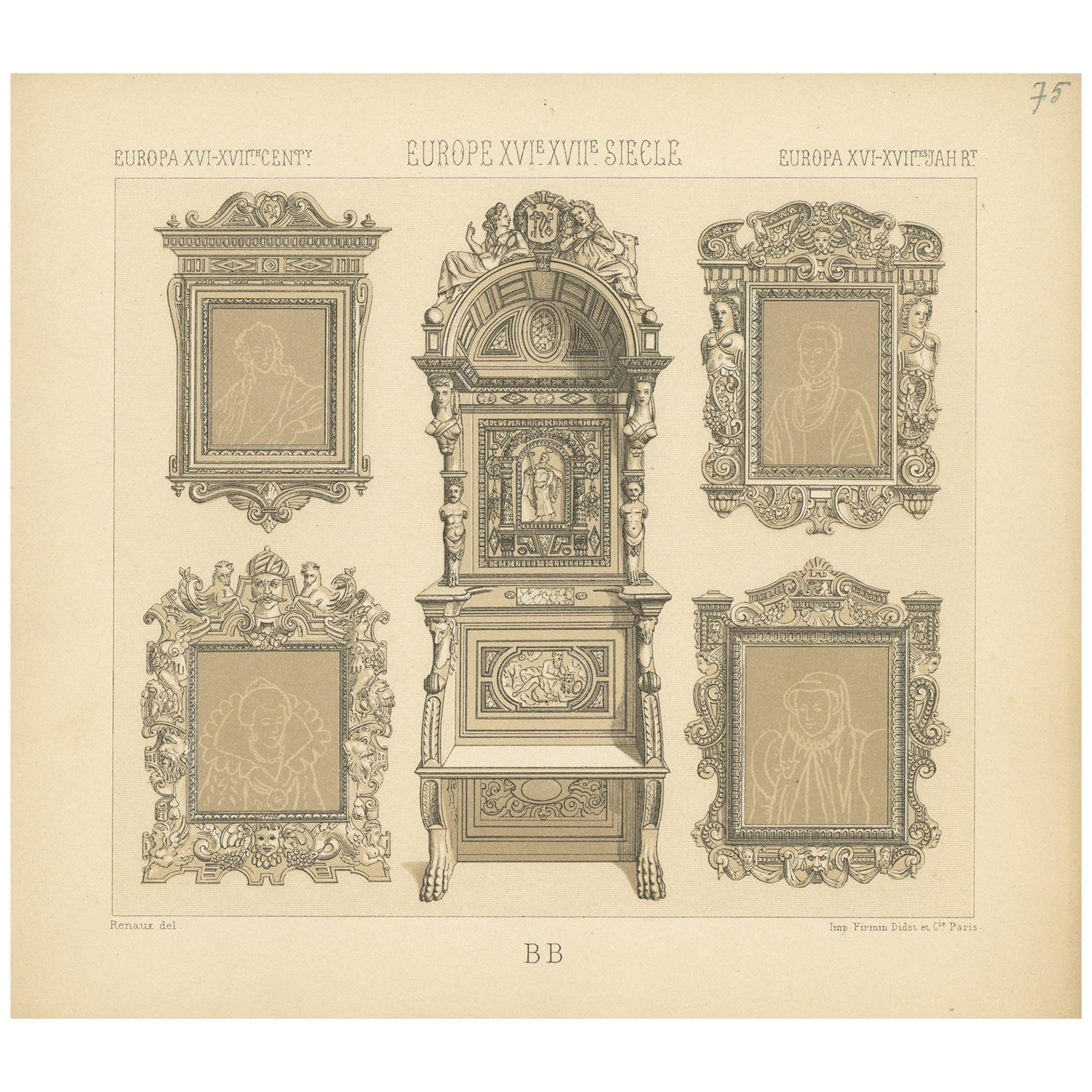 Pl. 75 Antique Print of European XVIth-XVIIth Furniture by Racinet 'circa 1880'
