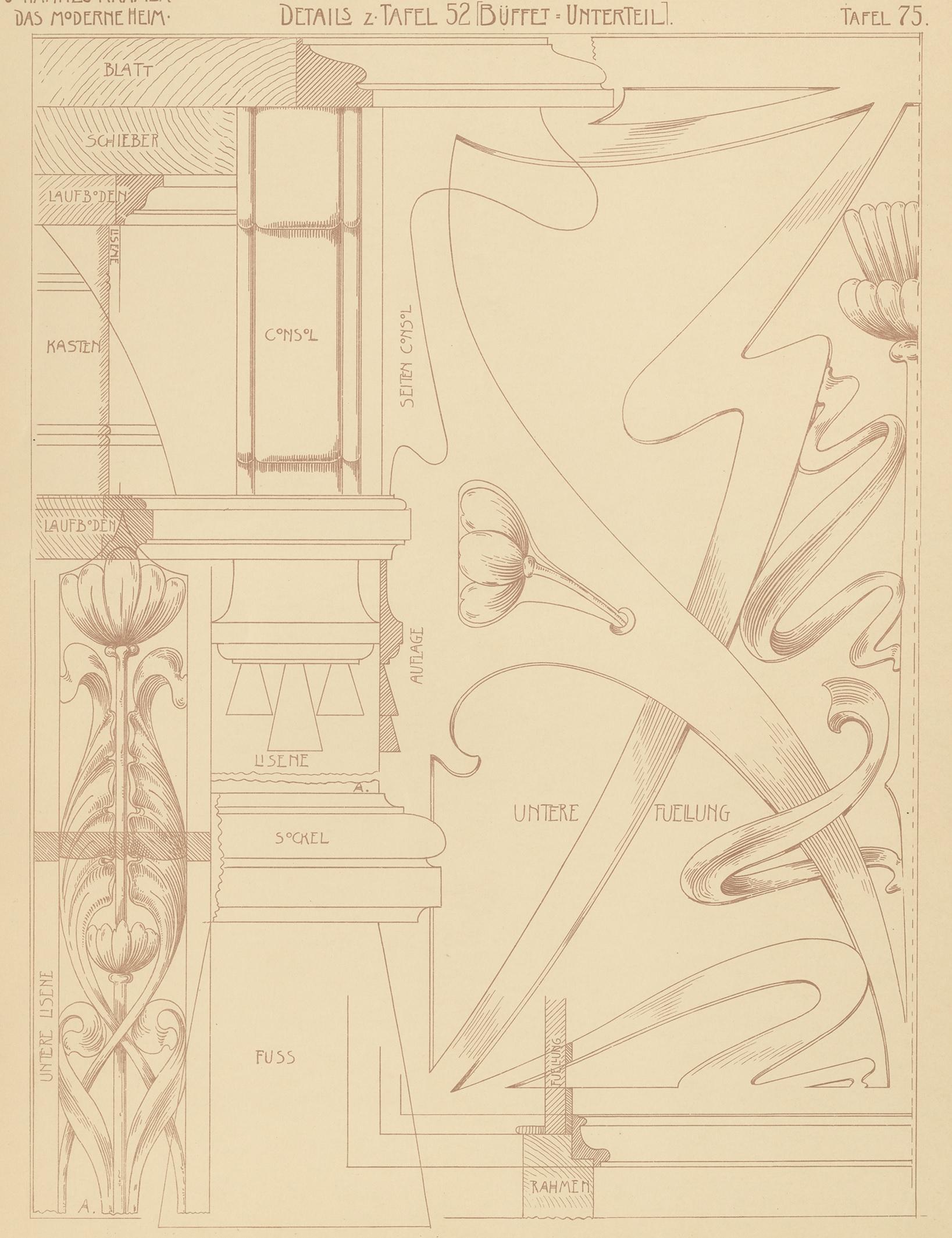 Antique print titled 'Details z. Buffet'. Lithograph of furniture details. This print originates from 'Det Moderna Hemmet' by Johannes Kramer. Published by Ferdinand Hey'l, circa 1910.