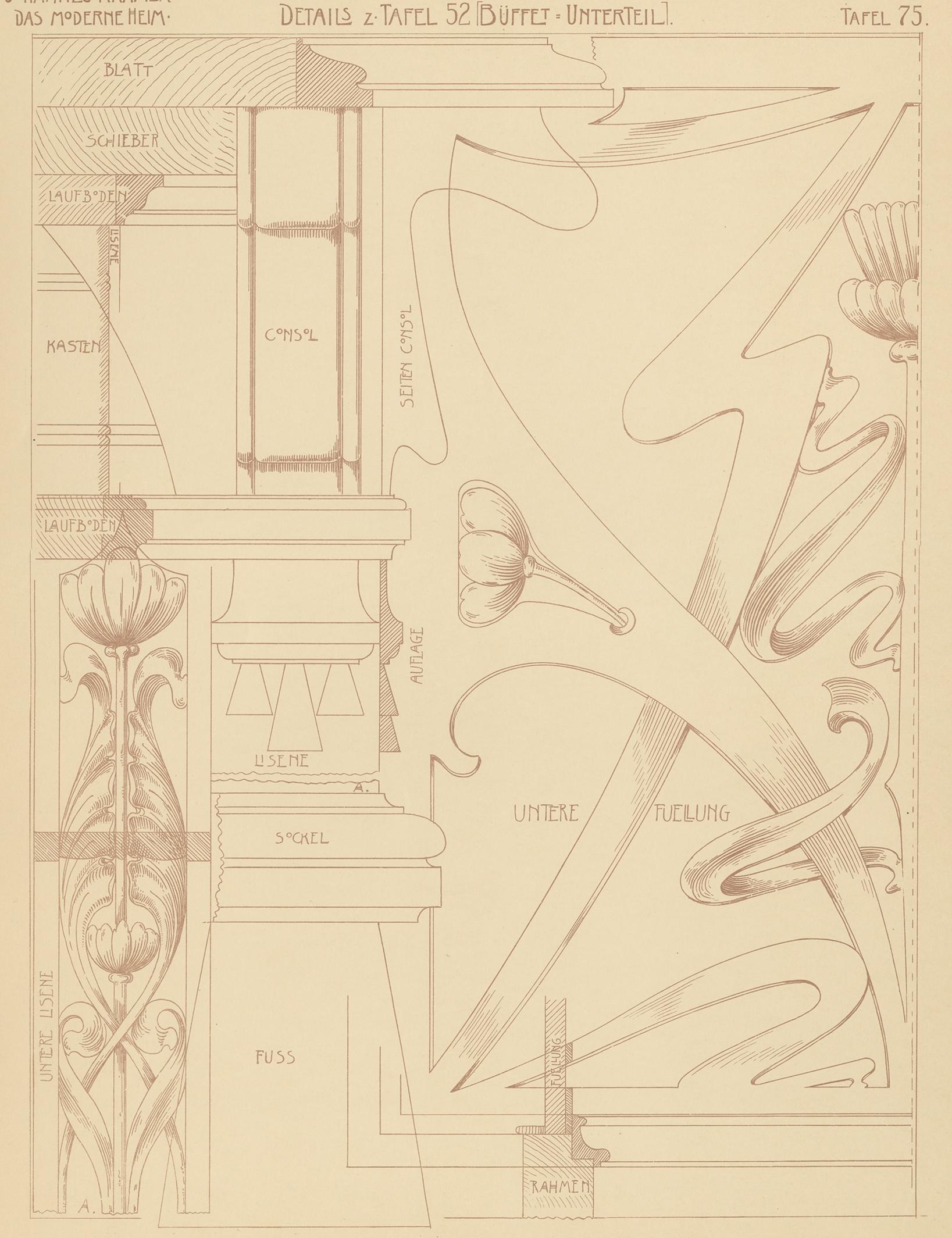 Pl. 75 Grabado antiguo de detalles de muebles de Kramer, hacia 1910 siglo XX en venta