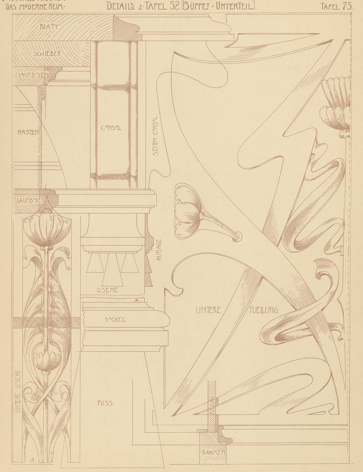 Pl. 75 Antique Print of Furniture Details by Kramer, circa 1910