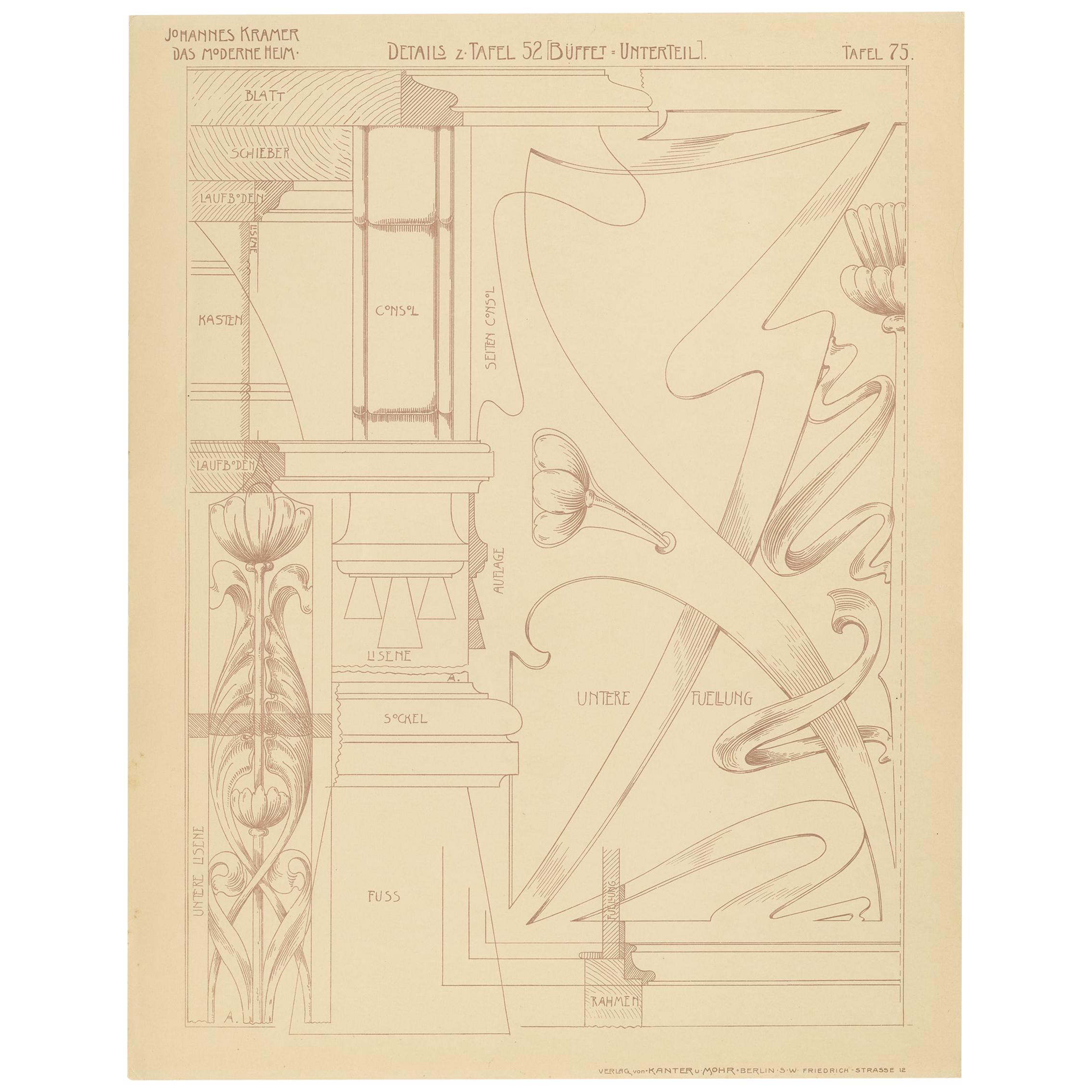 Pl. 75 Antique Print of Furniture Details by Kramer, circa 1910 For Sale