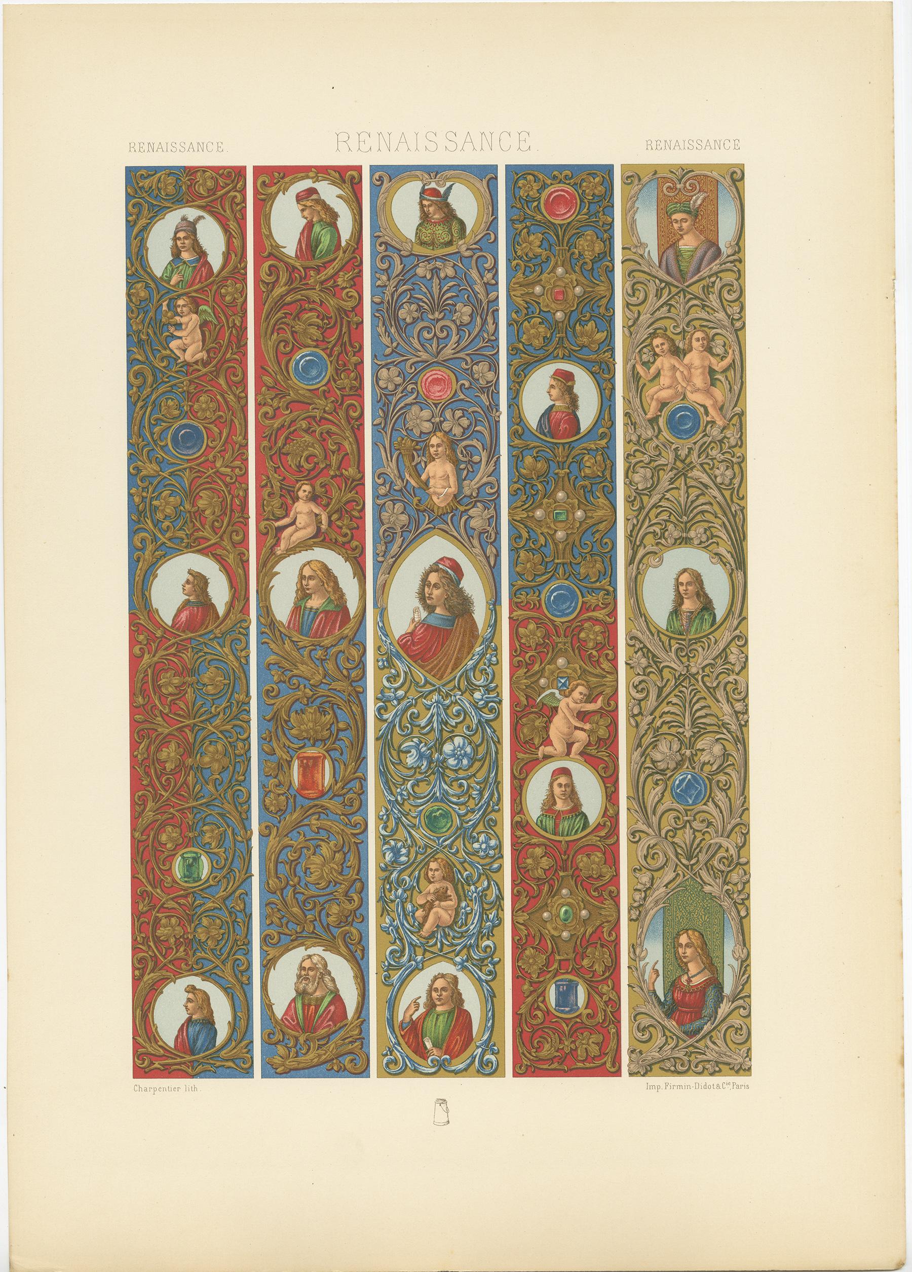 Pl. 75 Antique Print of Renaissance Borders a Florentine by Racinet, circa 1890 In Good Condition For Sale In Langweer, NL