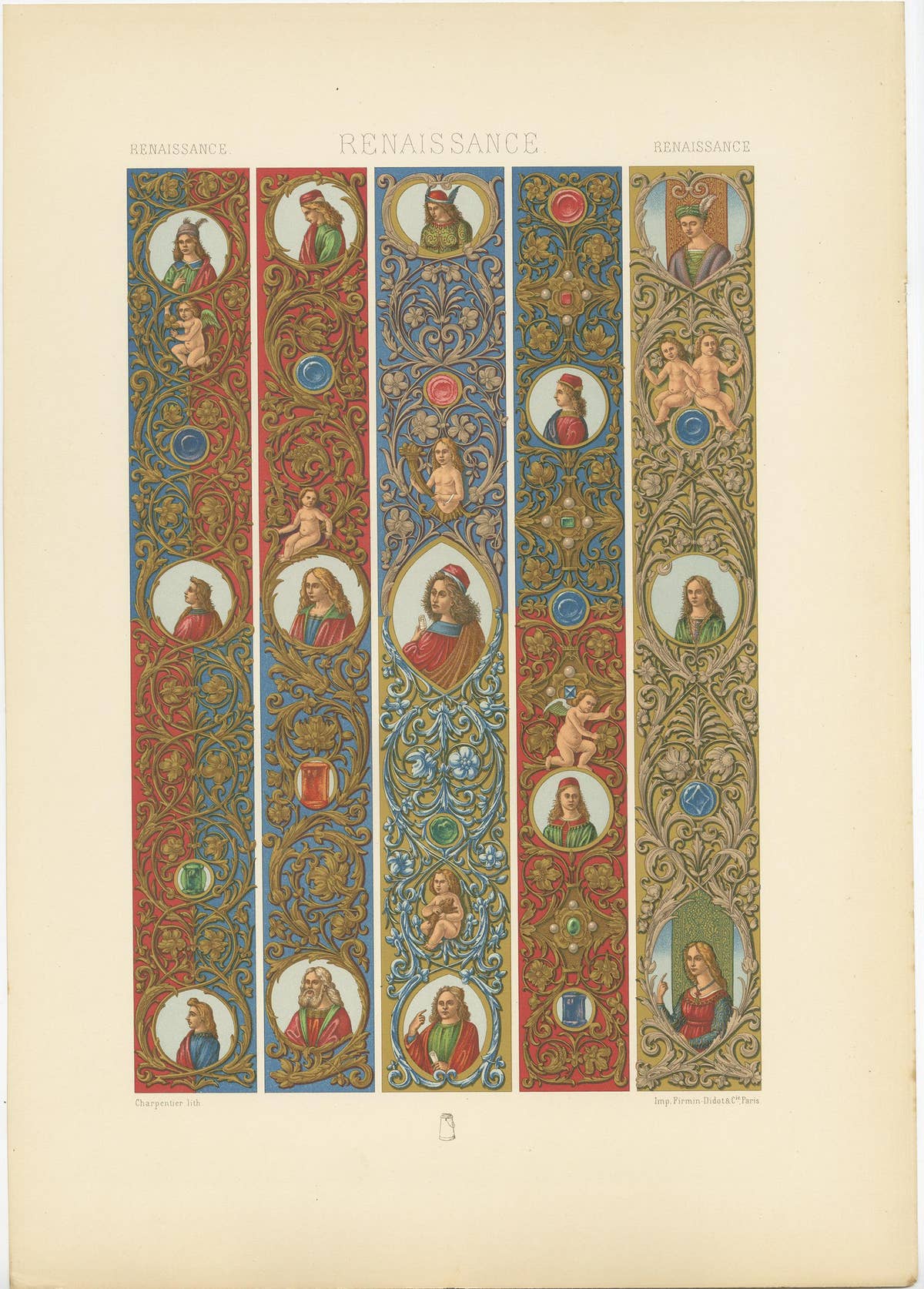 Pl. 75 Antique Print of Renaissance Borders a Florentine by Racinet, circa 1890