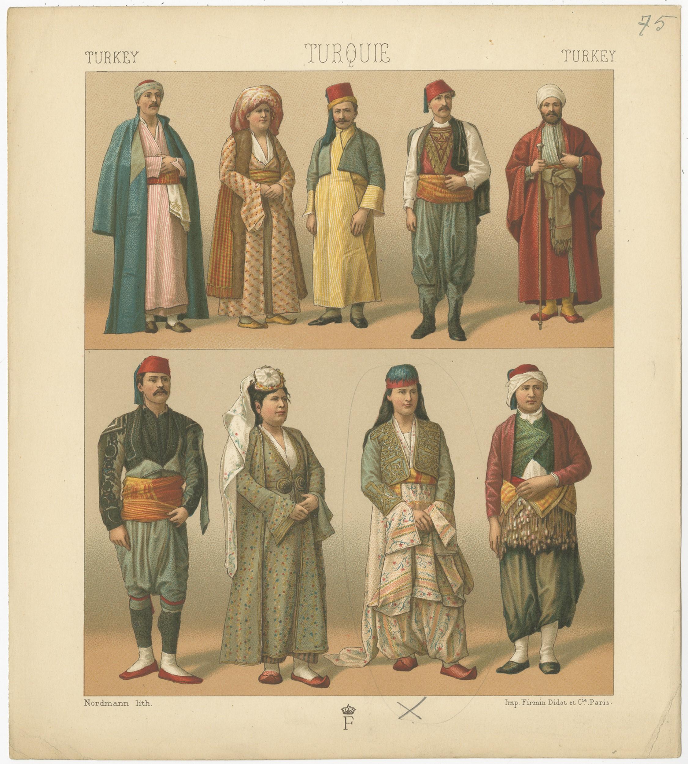Antique print titled 'Turkey - Turque - Turkey'. Chromolithograph of Turkish costumes. This print originates from 'Le Costume Historique' by M.A. Racinet. Published, circa 1880.