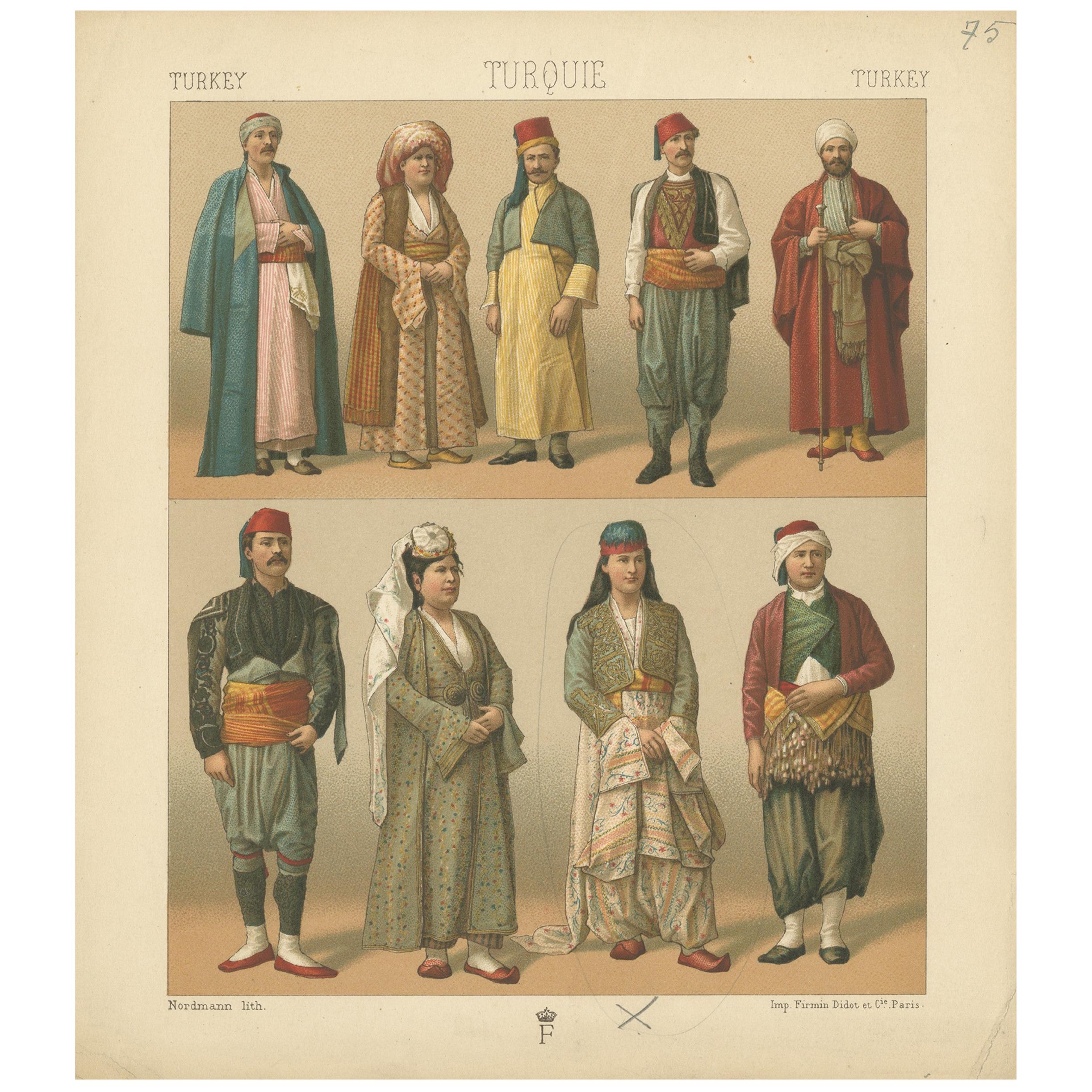 Pl. 75 Antique Print of Turkish Costumes by Racinet, 'circa 1880' For Sale