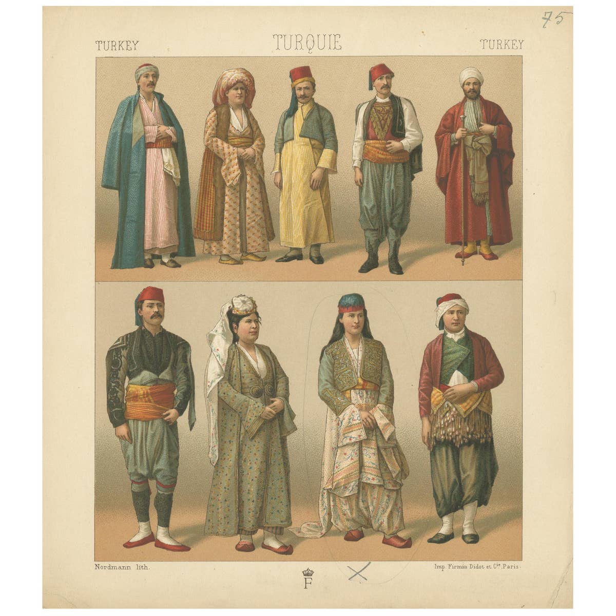Pl. 75 Antique Print of Turkish Costumes by Racinet, 'circa 1880'