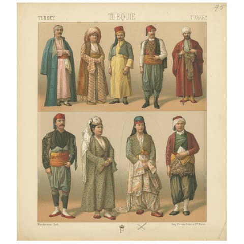 Pl. 75 Antique Print of Turkish Costumes by Racinet, 'circa 1880'