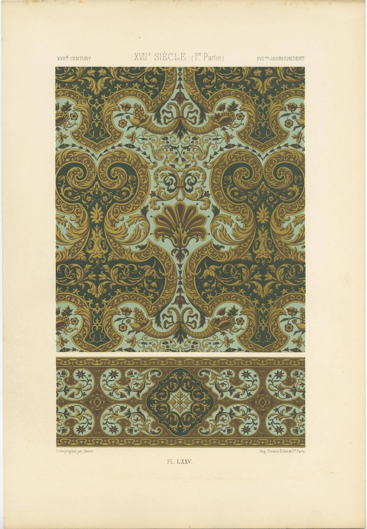 Pl. 75 Antique Print of XVIIth Century Ornaments by Racinet, circa 1890