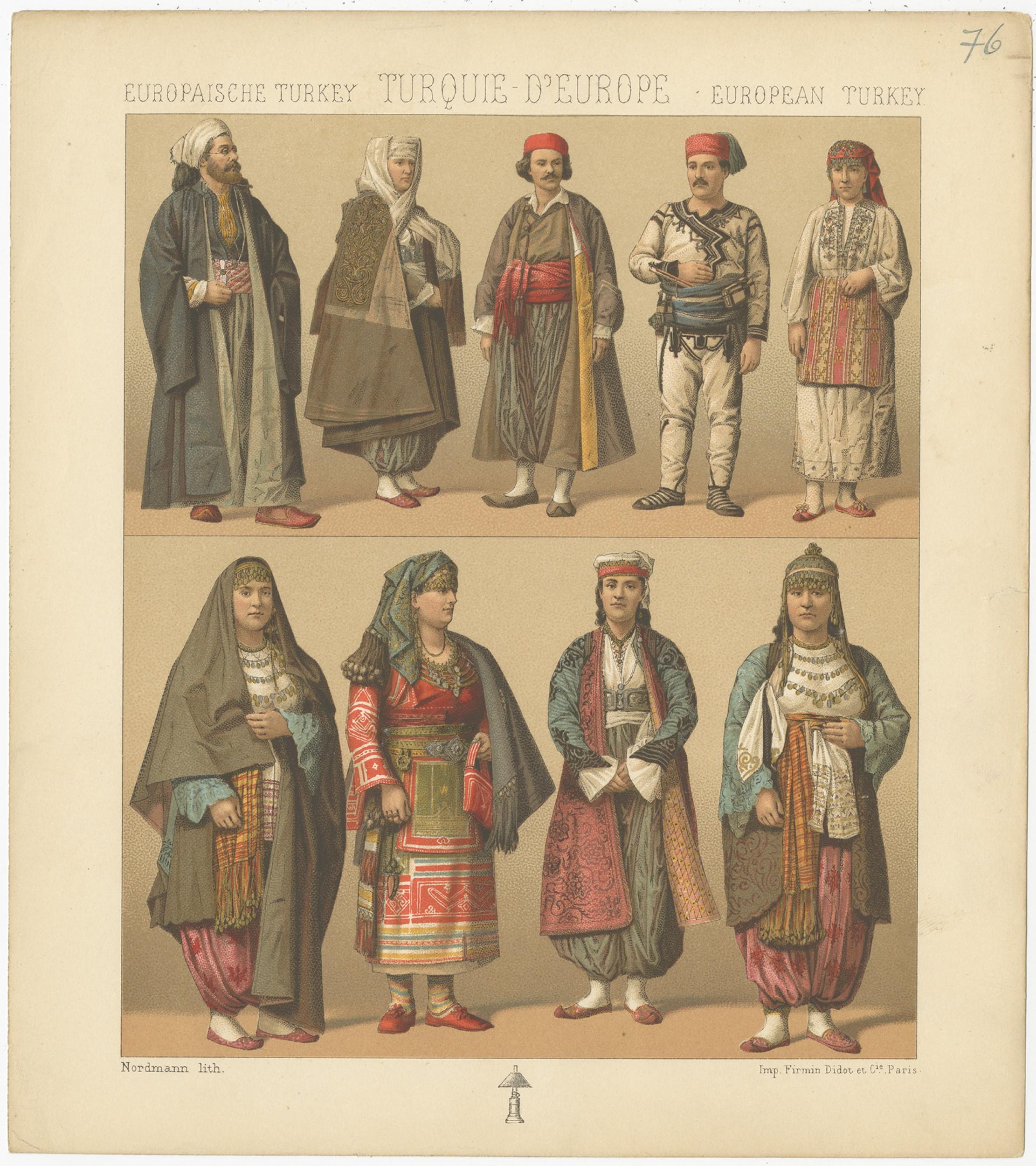 Antique print titled 'Europaische Turkey - Turquie D'Europe - European Turkey'. Chromolithograph of European Turkish costumes. This print originates from 'Le Costume Historique' by M.A. Racinet. Published, circa 1880.