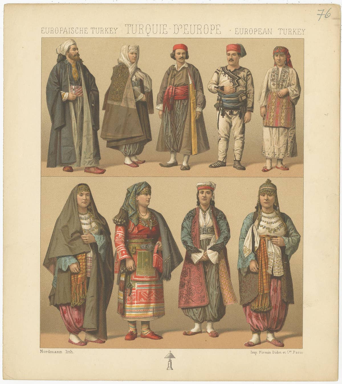 Pl. 76 Antique Print of European Turkish Costumes by Racinet, 'circa 1880'