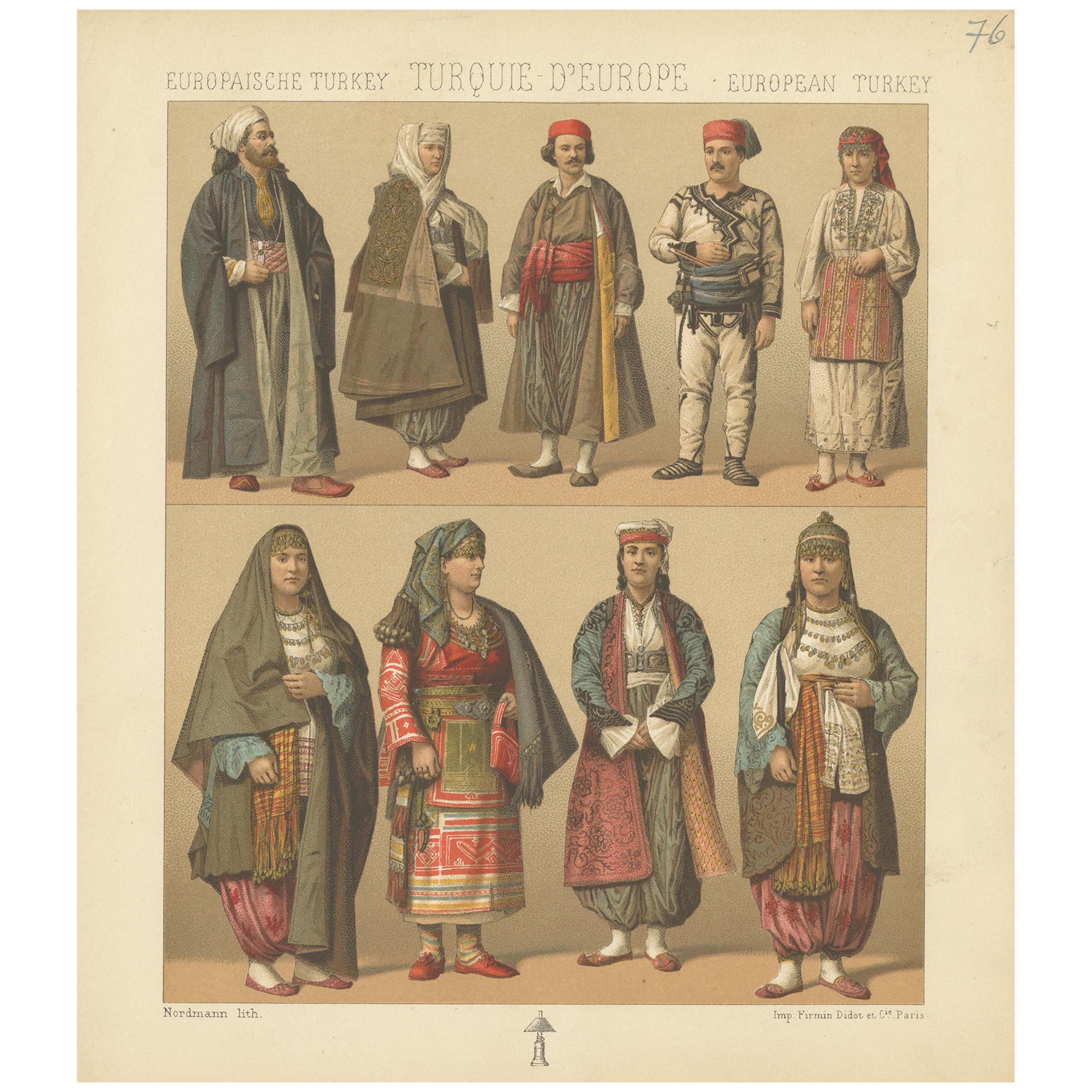 Pl. 76 Antique Print of European Turkish Costumes by Racinet, 'circa 1880' For Sale