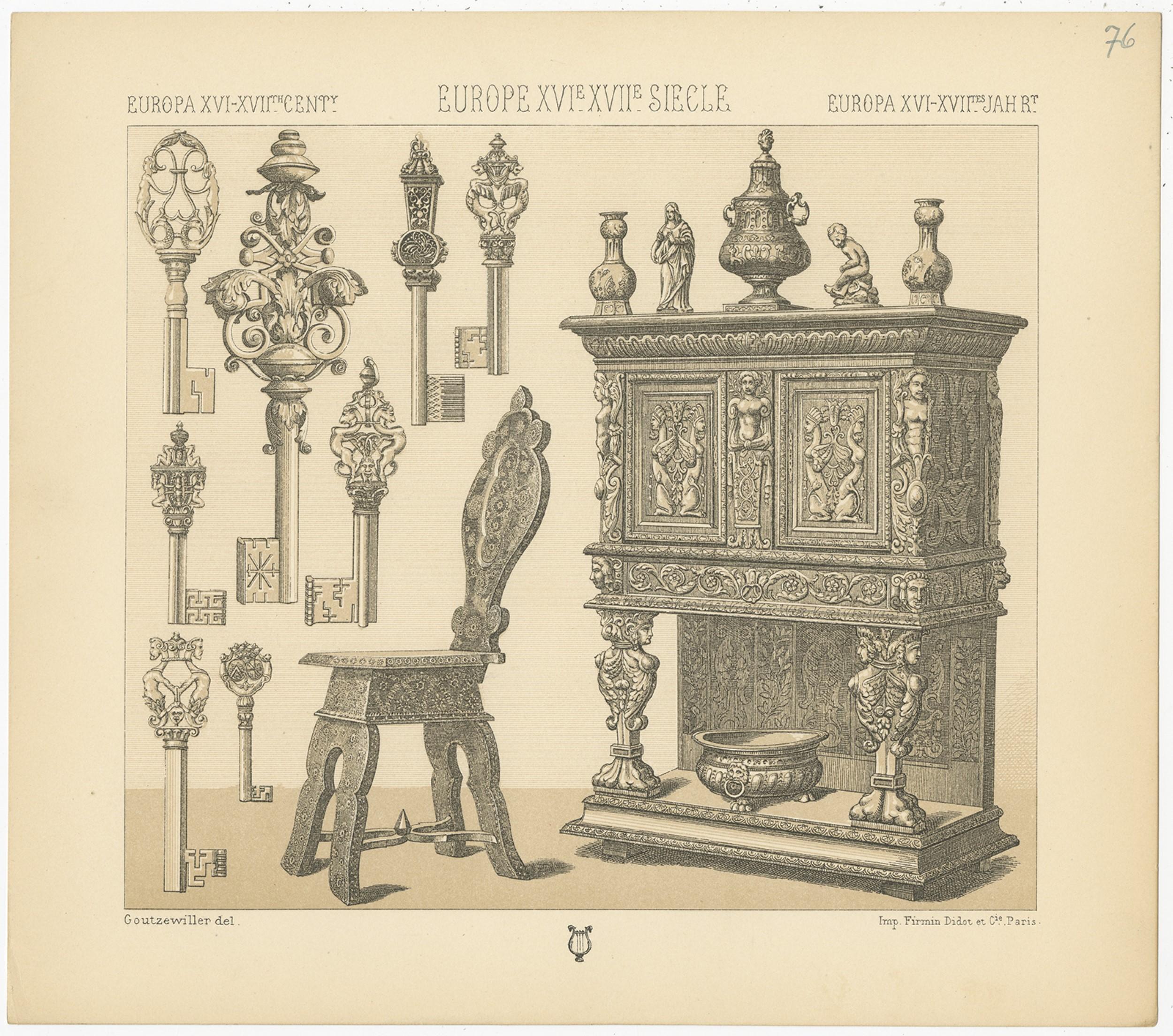 19th Century Pl. 76 Antique Print of European XVIth-XVIIth Furniture by Racinet, circa 1880 For Sale