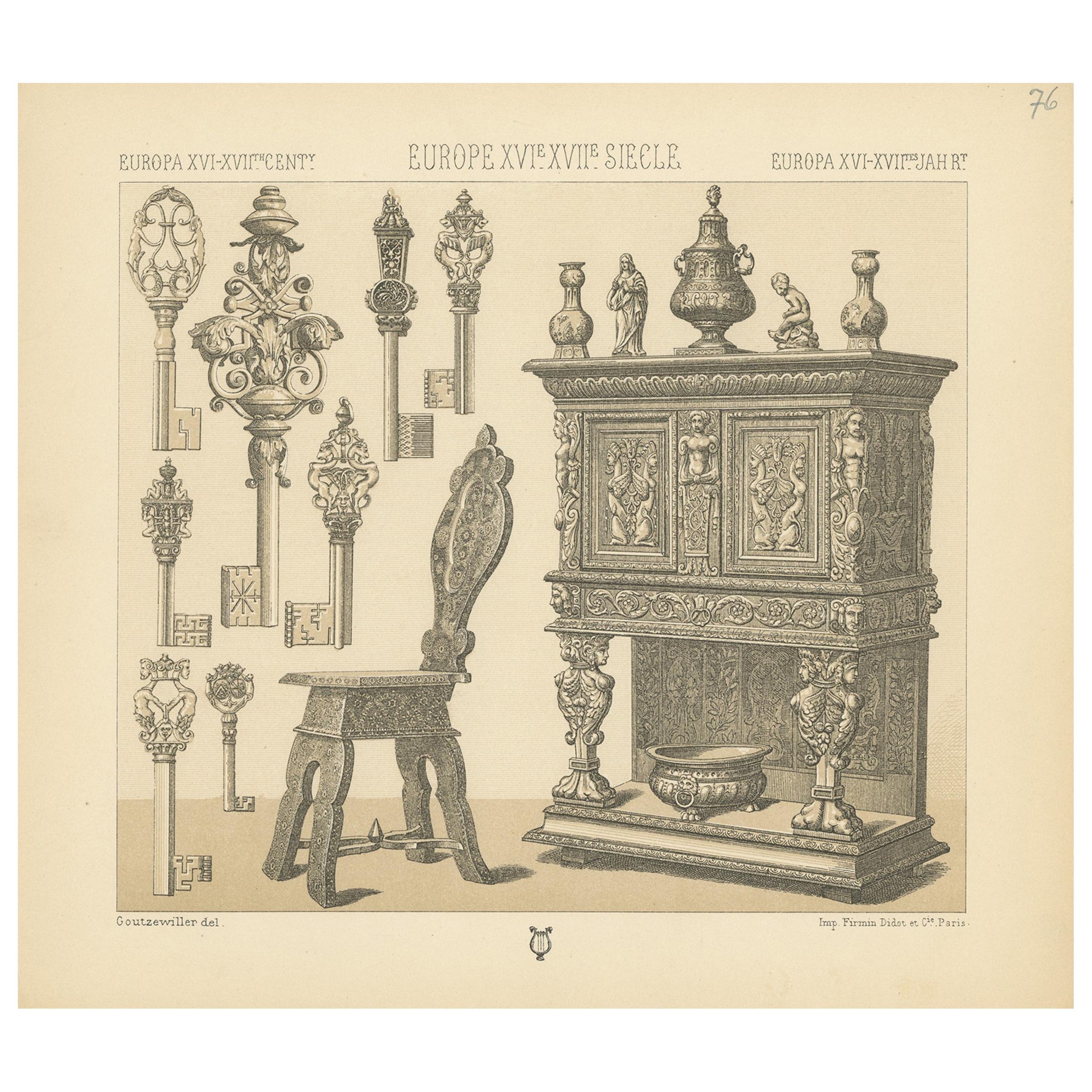 Pl. 76 Antique Print of European XVIth-XVIIth Furniture by Racinet, circa 1880 For Sale