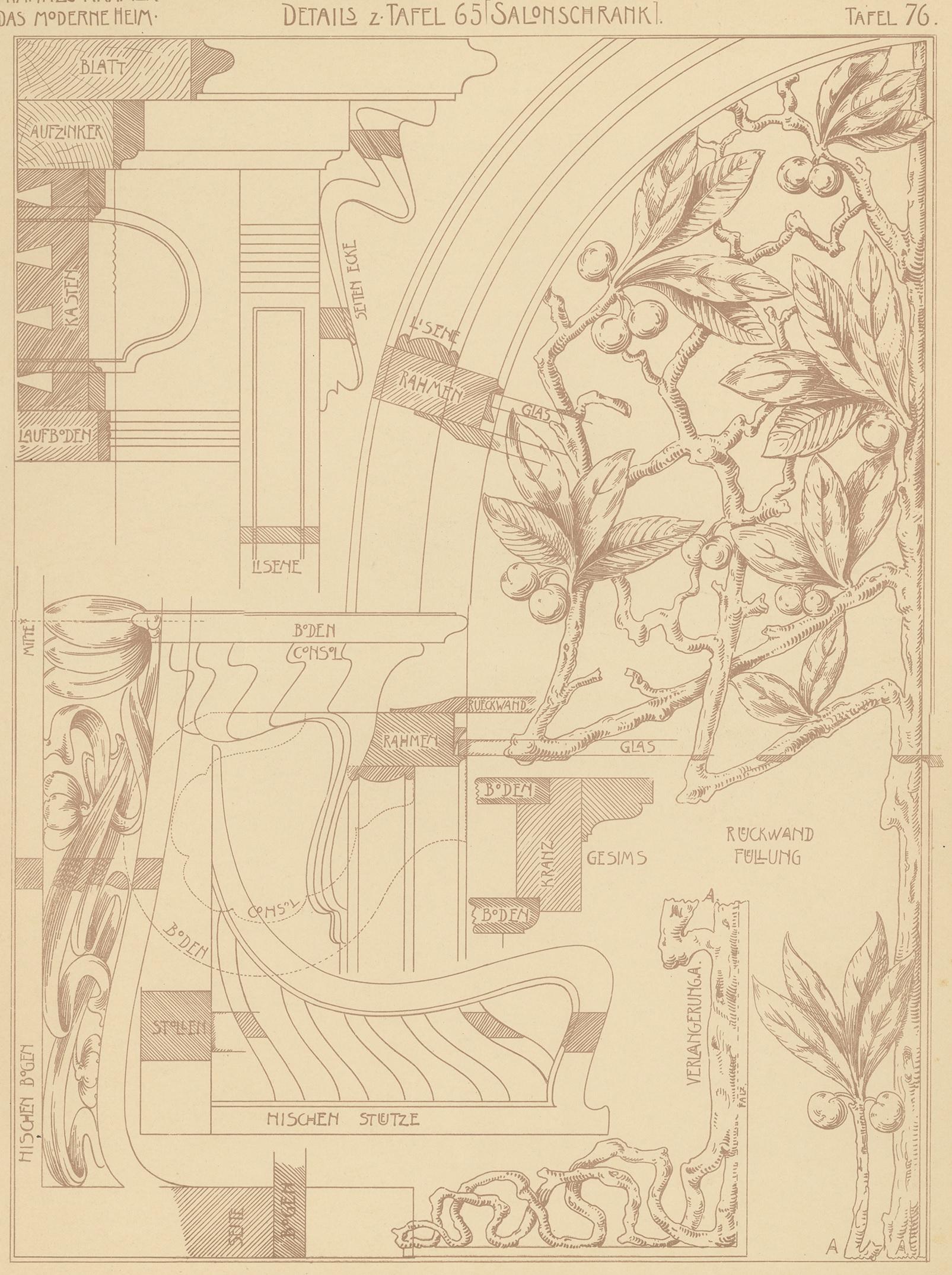 Antique print titled 'Details z. Salonschrank'. Lithograph of furniture details. This print originates from 'Det Moderna Hemmet' by Johannes Kramer. Published by Ferdinand Hey'l, circa 1910.