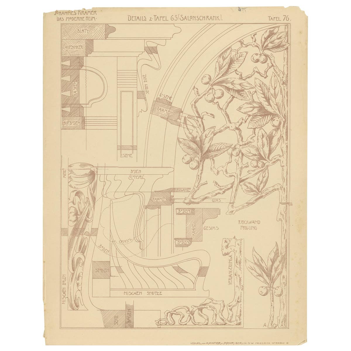 Pl 76 Antique Print of Furniture Details by Kramer, 'circa 1910'