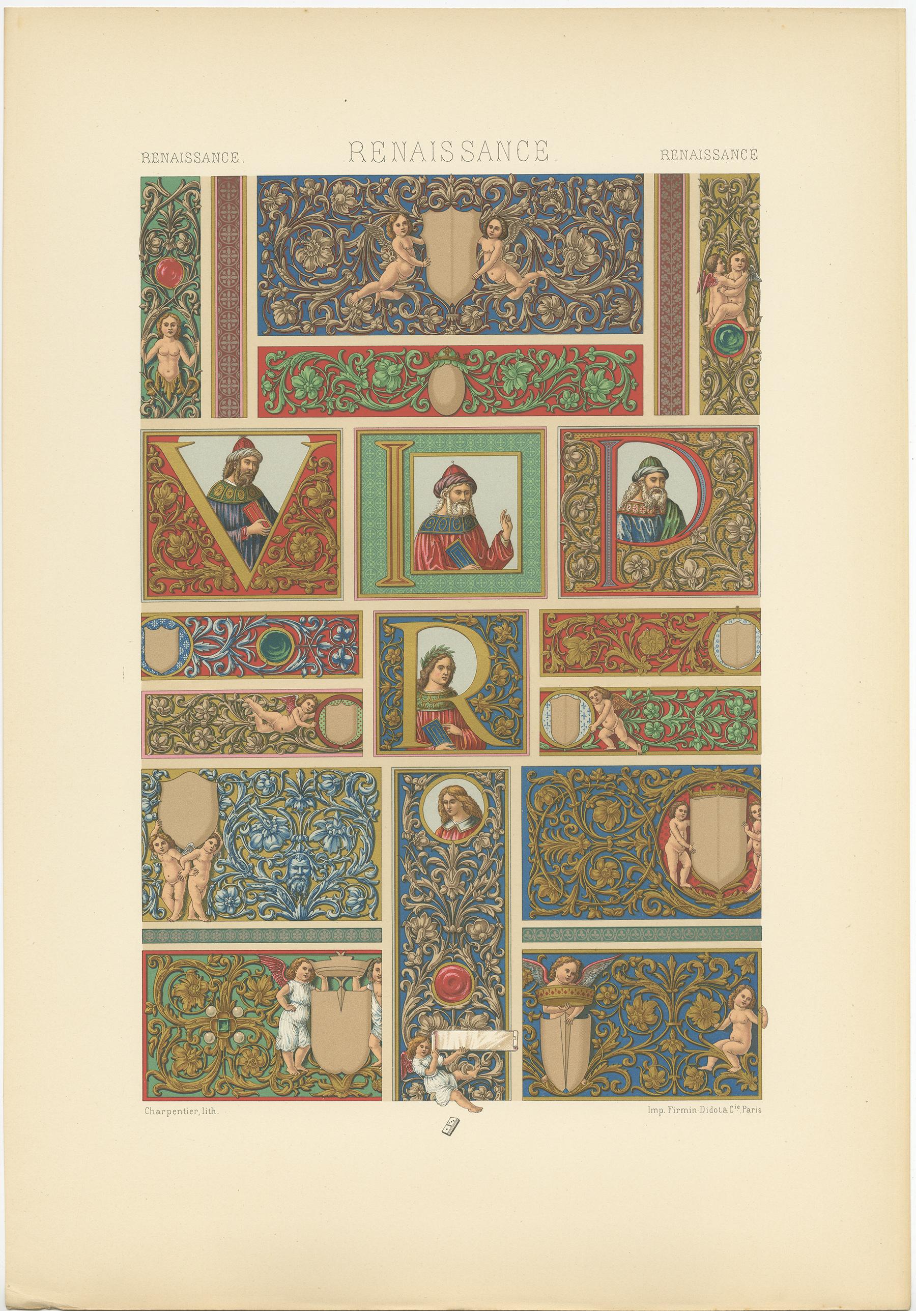 Grabado antiguo titulado 'Renacimiento - Renacimiento - Renacimiento'. Cromolitografía de paneles y cenefas de un manuscrito florentino con ornamentos attavantes. Este grabado procede de 