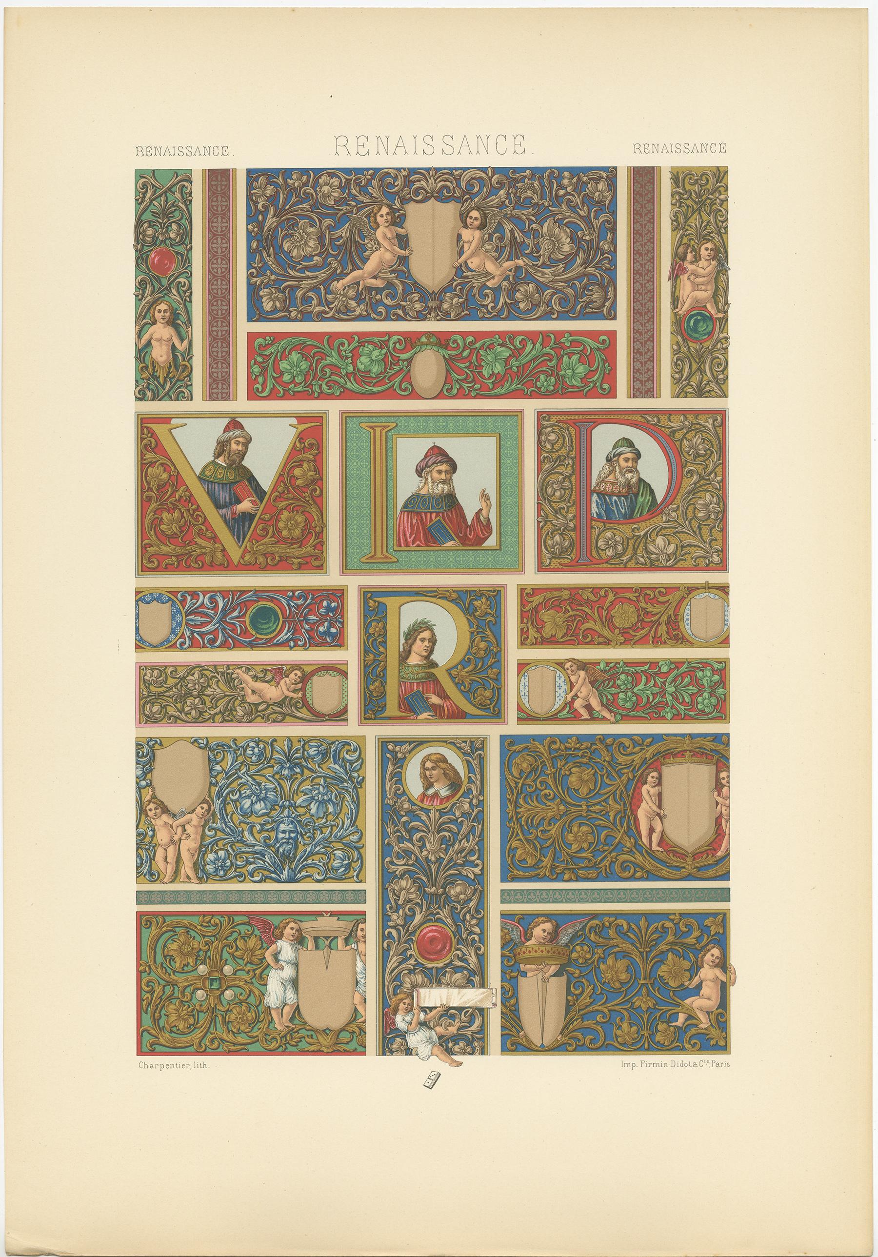 Antique print titled 'Renaissance - Renaissance - Renaissance'. Chromolithograph of panels and borders from a Florentine manuscripts by attavante ornaments. This print originates from 'l'Ornement Polychrome' by Auguste Racinet. Published circa 1890.