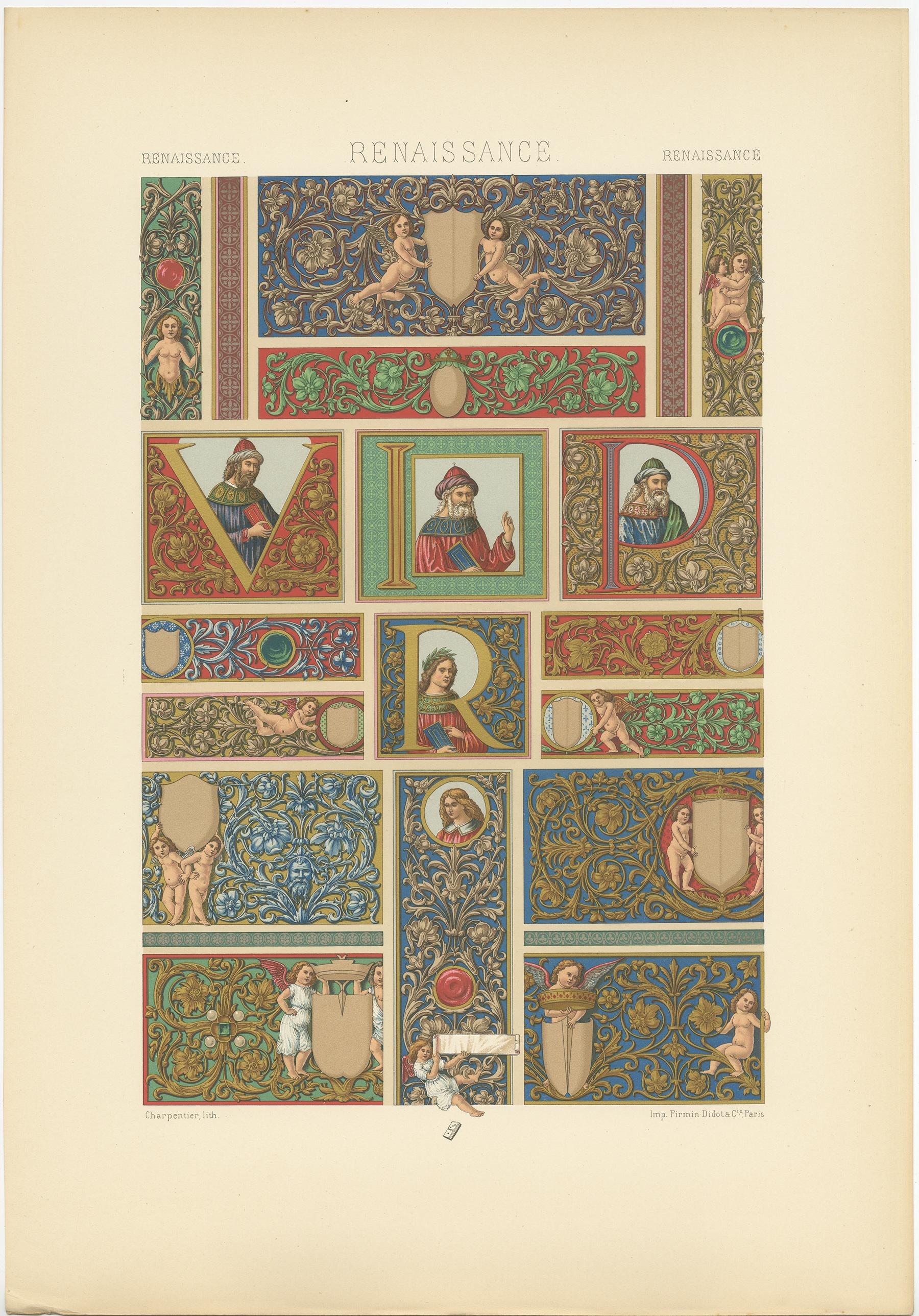 19th Century Pl. 76 Antique Print of Renaissance Panels and Borders by Racinet, circa 1890 For Sale