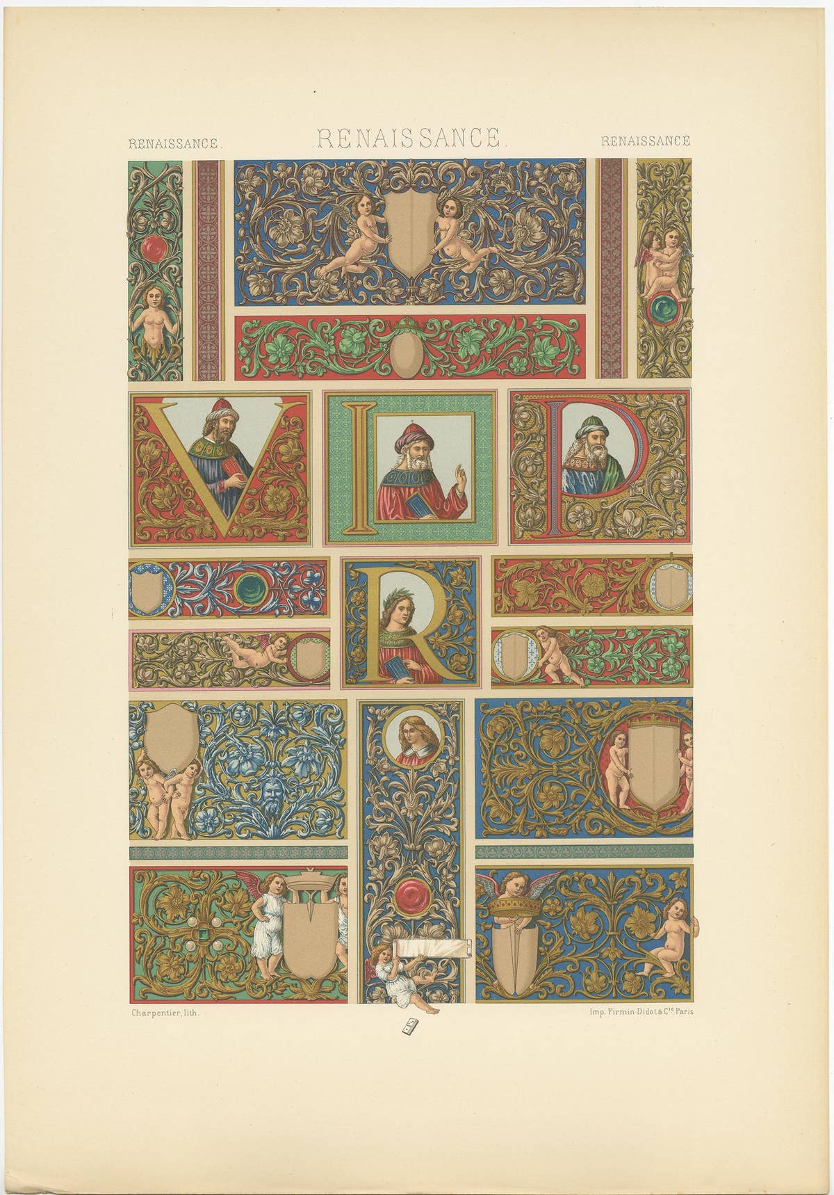 Pl. 76 Antique Print of Renaissance Panels and Borders by Racinet, circa 1890