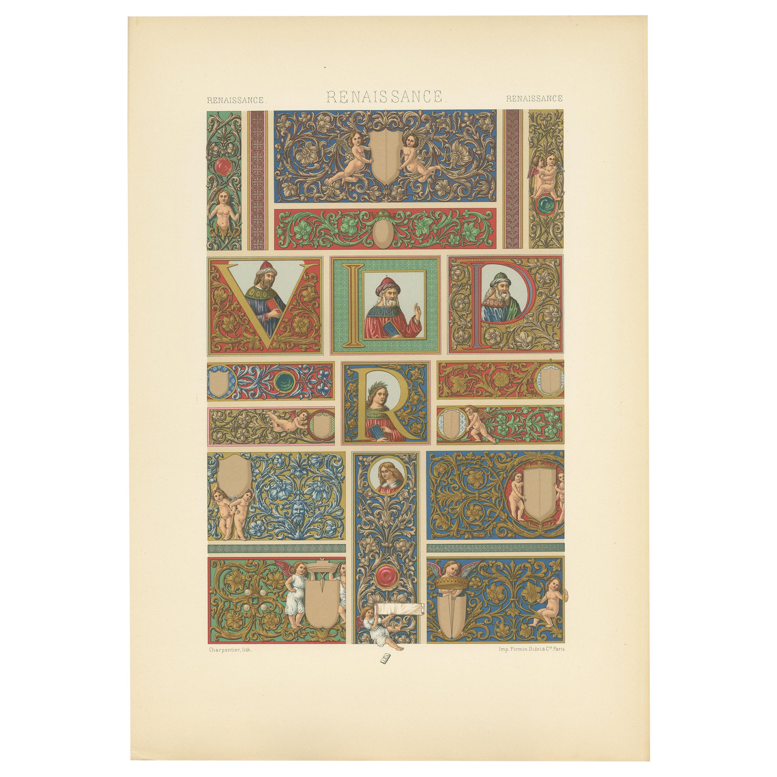 Pl. 76 Antique Print of Renaissance Panels and Borders by Racinet, circa 1890 For Sale