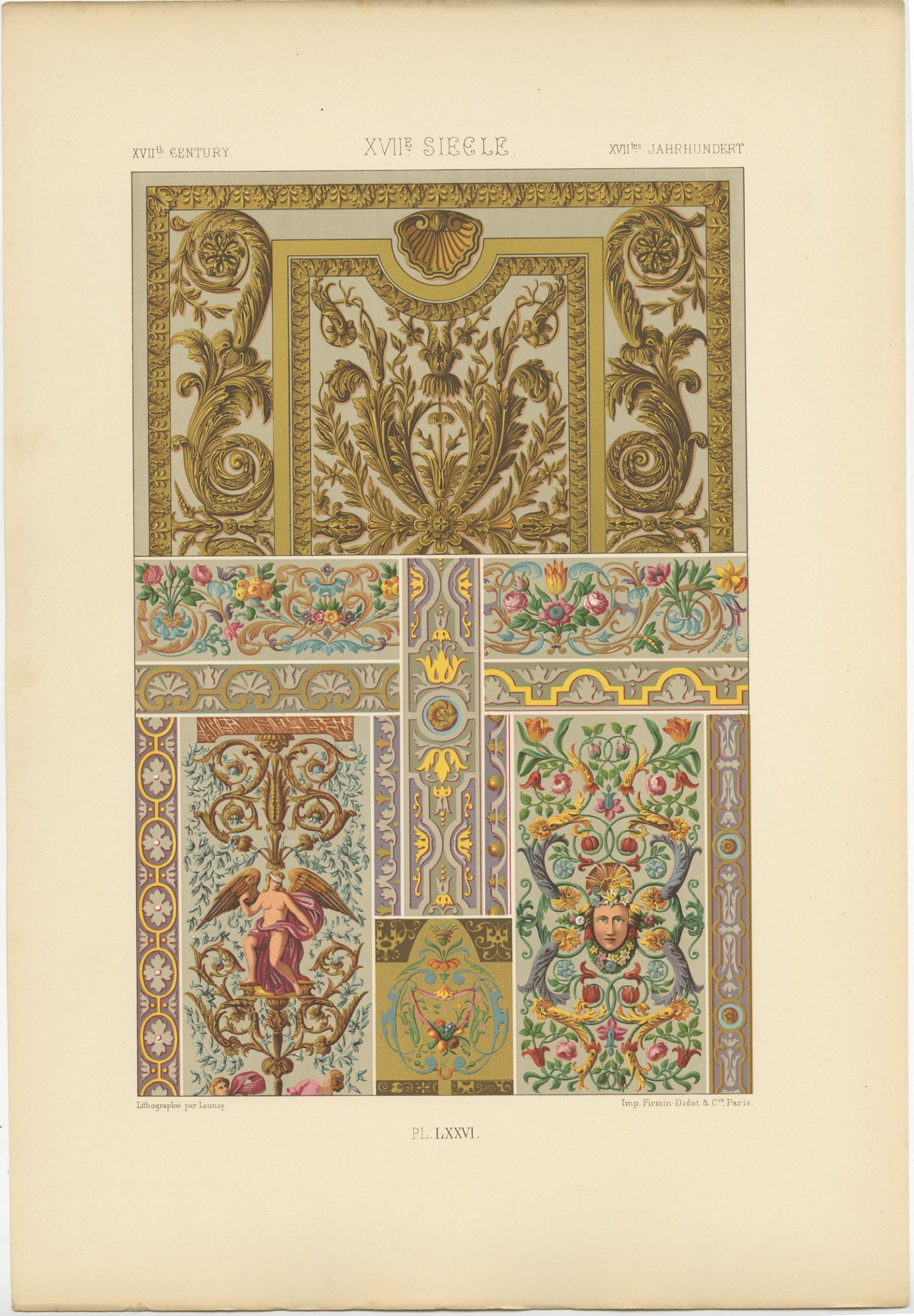 Antique print titled ' XVIIth Century - XVIIe Siecle - XVIItes Jahrhundert'. Chromolithograph of XVIIth Century ornaments and decorative arts. This print originates from 'l'Ornement Polychrome' by Auguste Racinet. Published circa 1890.