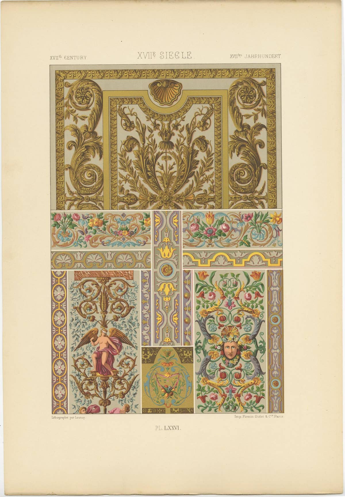 Pl. 76 Antique Print of XVIIth Century Ornaments by Racinet (c.1890)