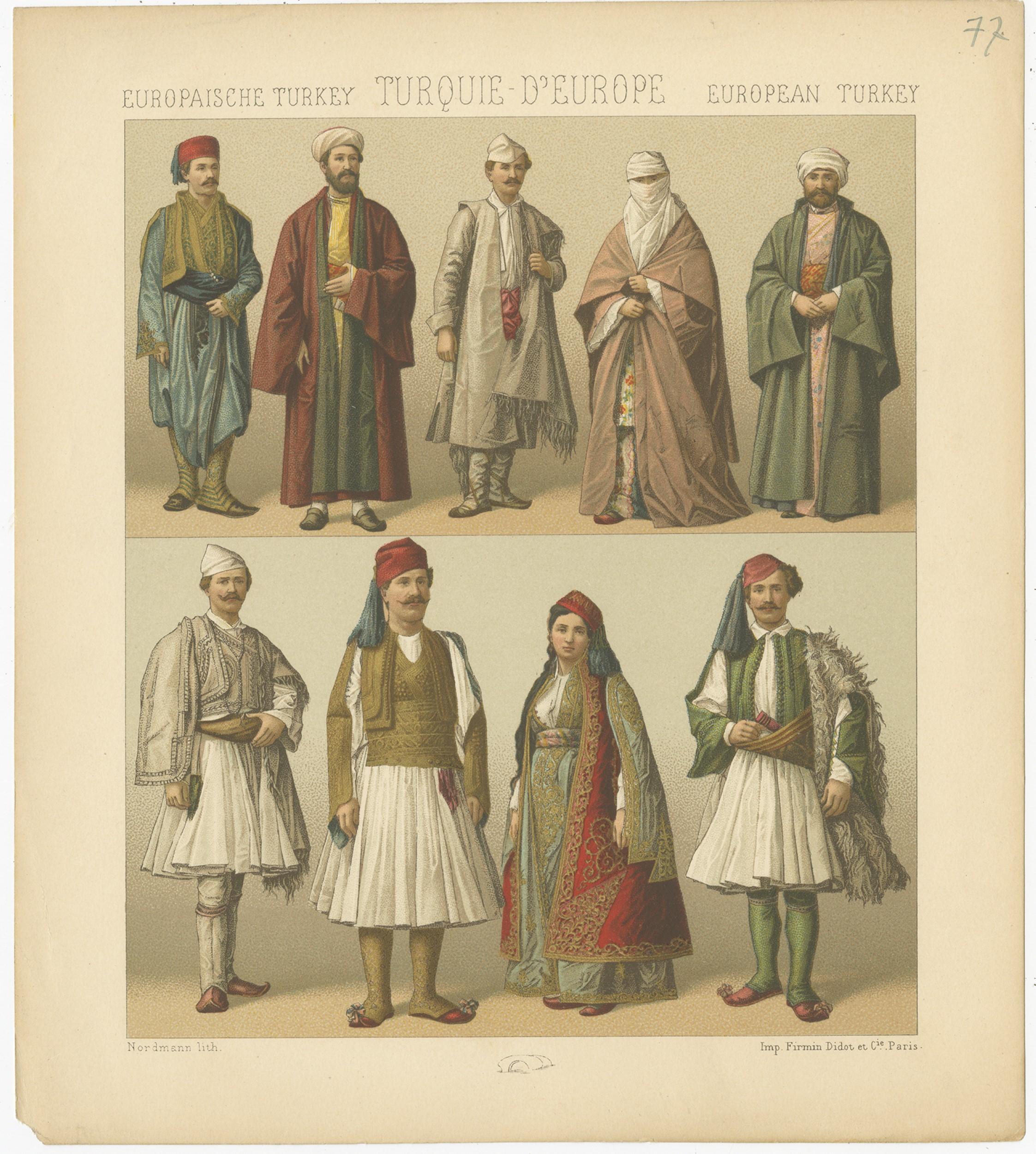 Antique print titled 'Europaische Turkey - Turquie D'Europe - European Turkey'. Chromolithograph of European Turkish Costumes. This print originates from 'Le Costume Historique' by M.A. Racinet. Published, circa 1880.