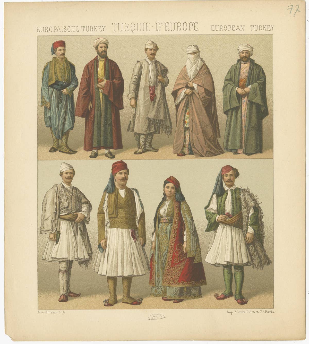 Pl. 77 Antique Print of European Turkish Costumes by Racinet, 'circa 1880'