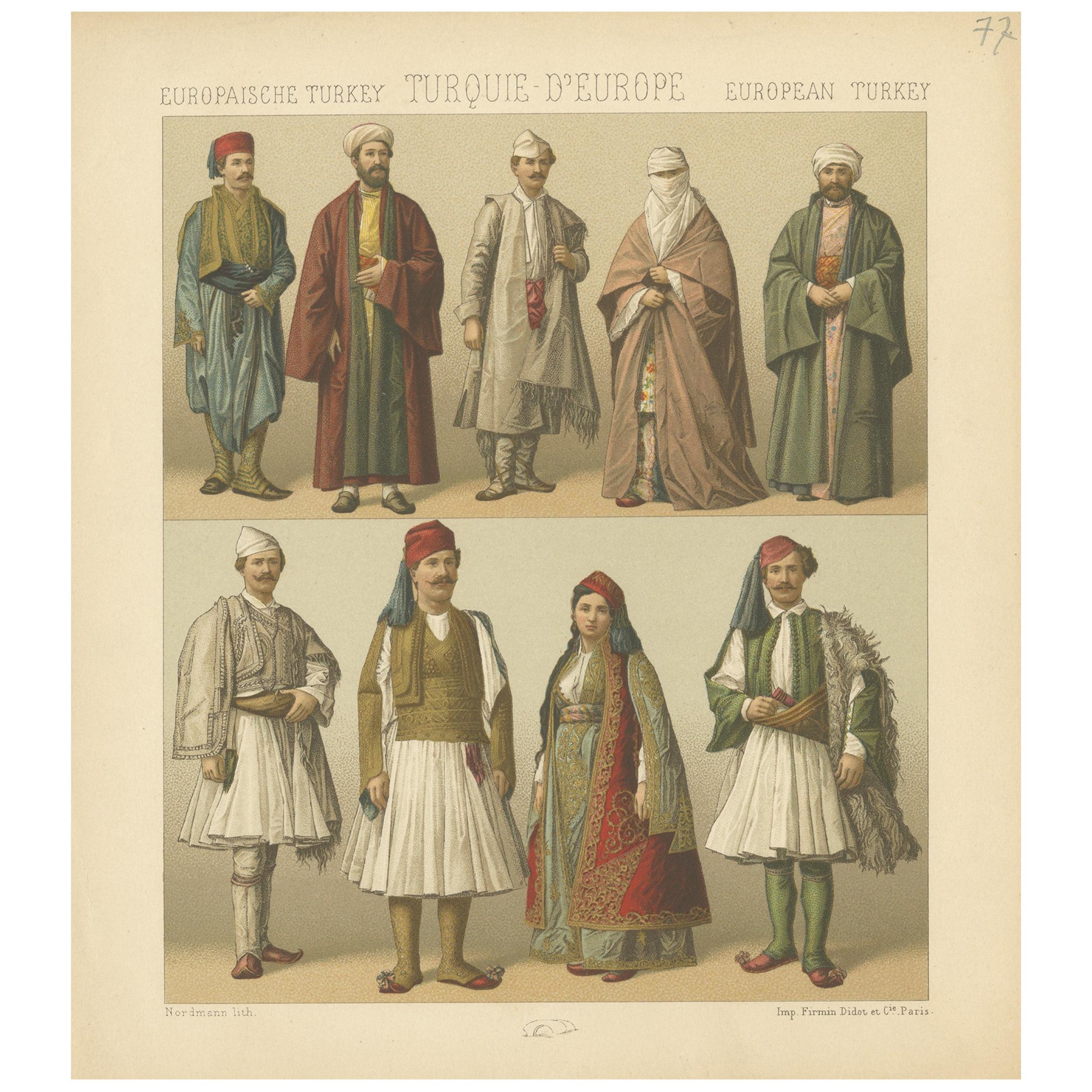 Pl. 77 Antique Print of European Turkish Costumes by Racinet, 'circa 1880' For Sale