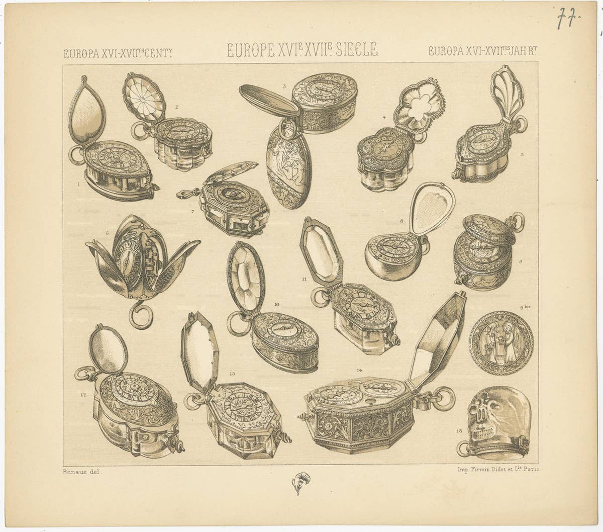 Pl. 77 Antique Print of European XVIth-XVIIth Clock Objects by Racinet