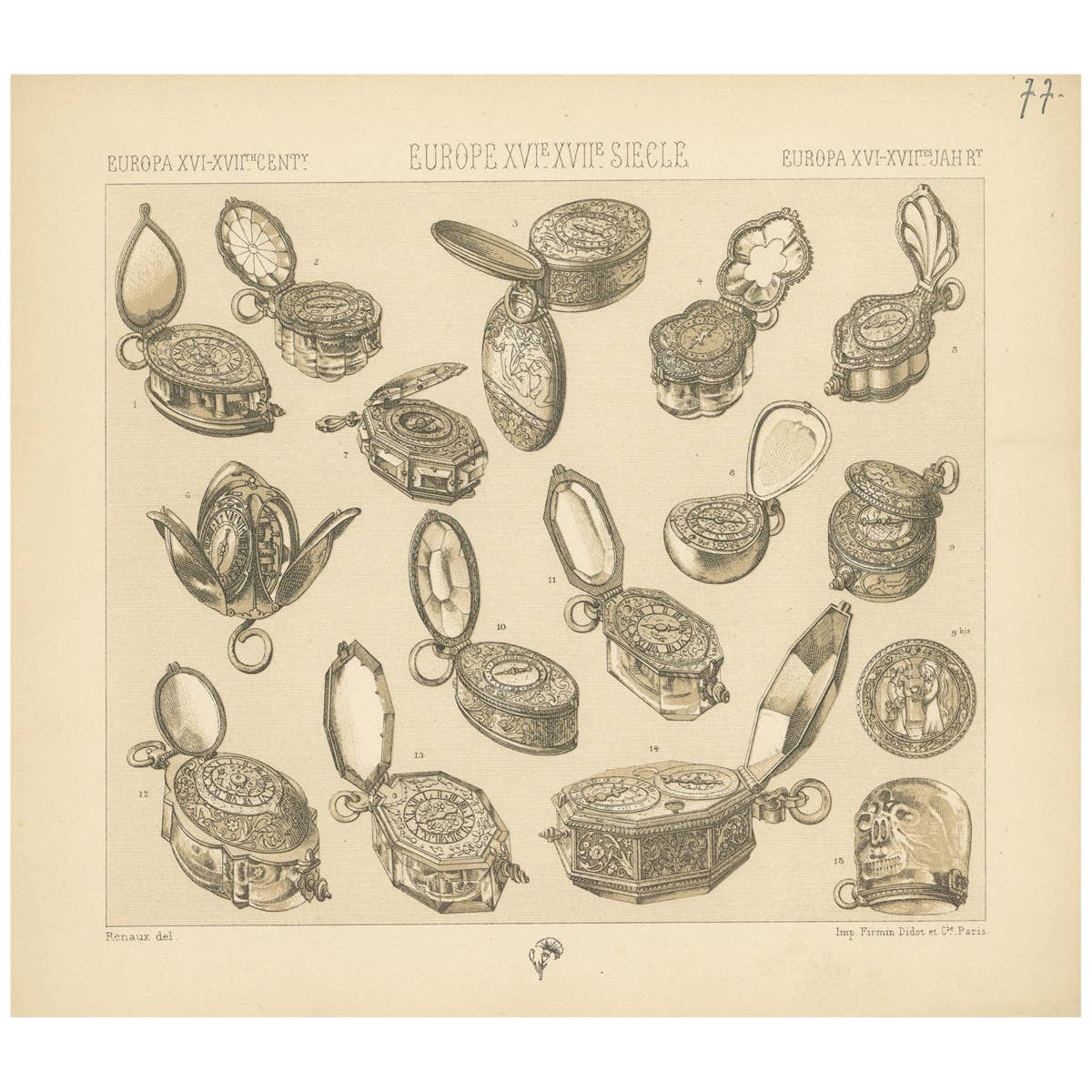 Pl. 77 Antique Print of European XVIth-XVIIth Clock Objects by Racinet