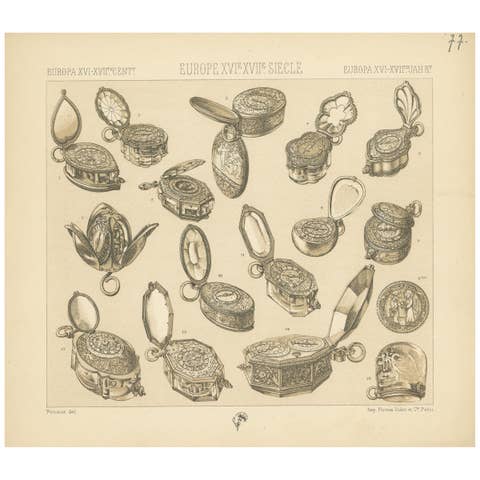 Pl. 77 Antique Print of European XVIth-XVIIth Clock Objects by Racinet
