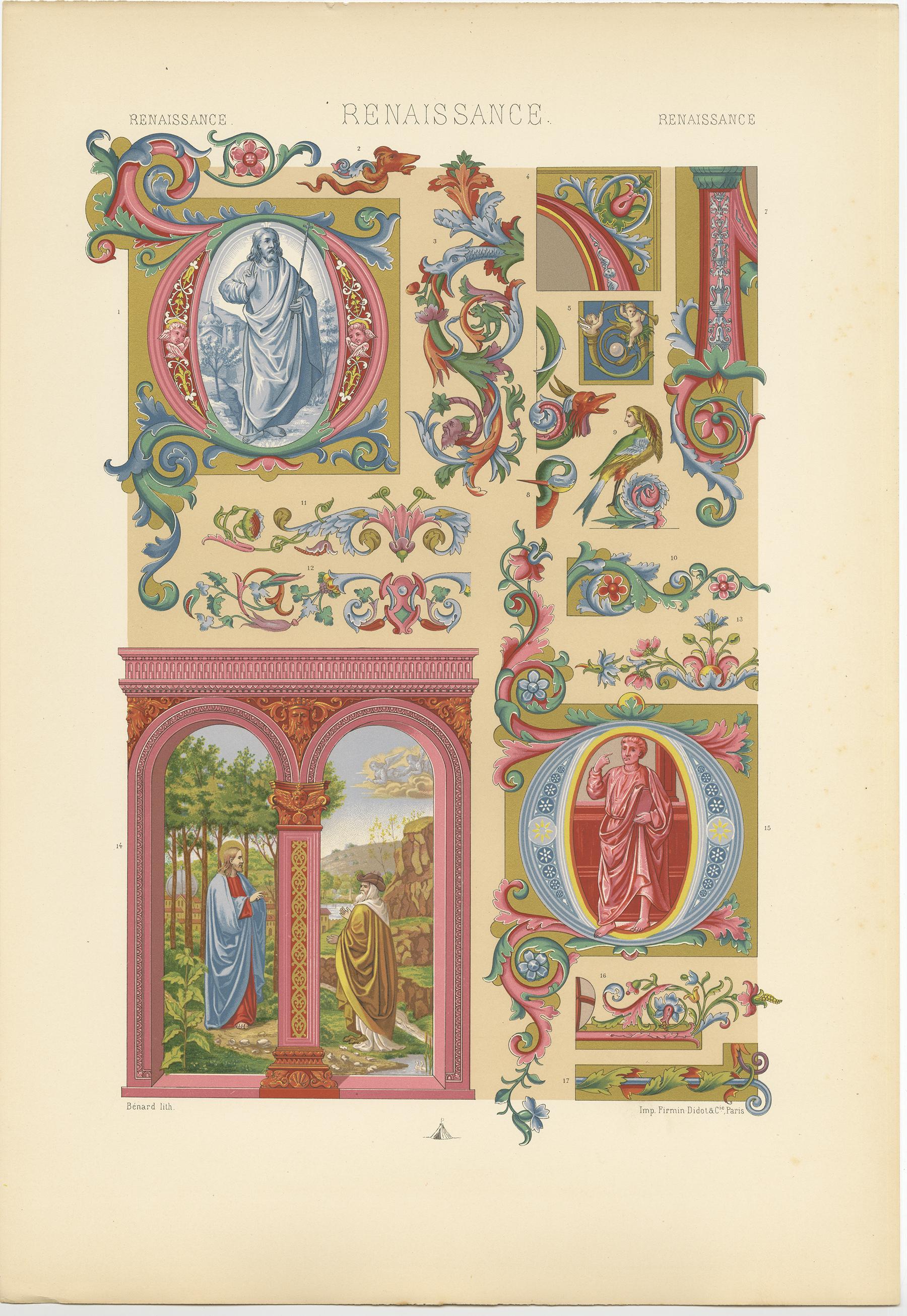 19th Century Pl. 77 Antique Print of Renaissance Initials and Ornaments by Racinet circa 1890 For Sale