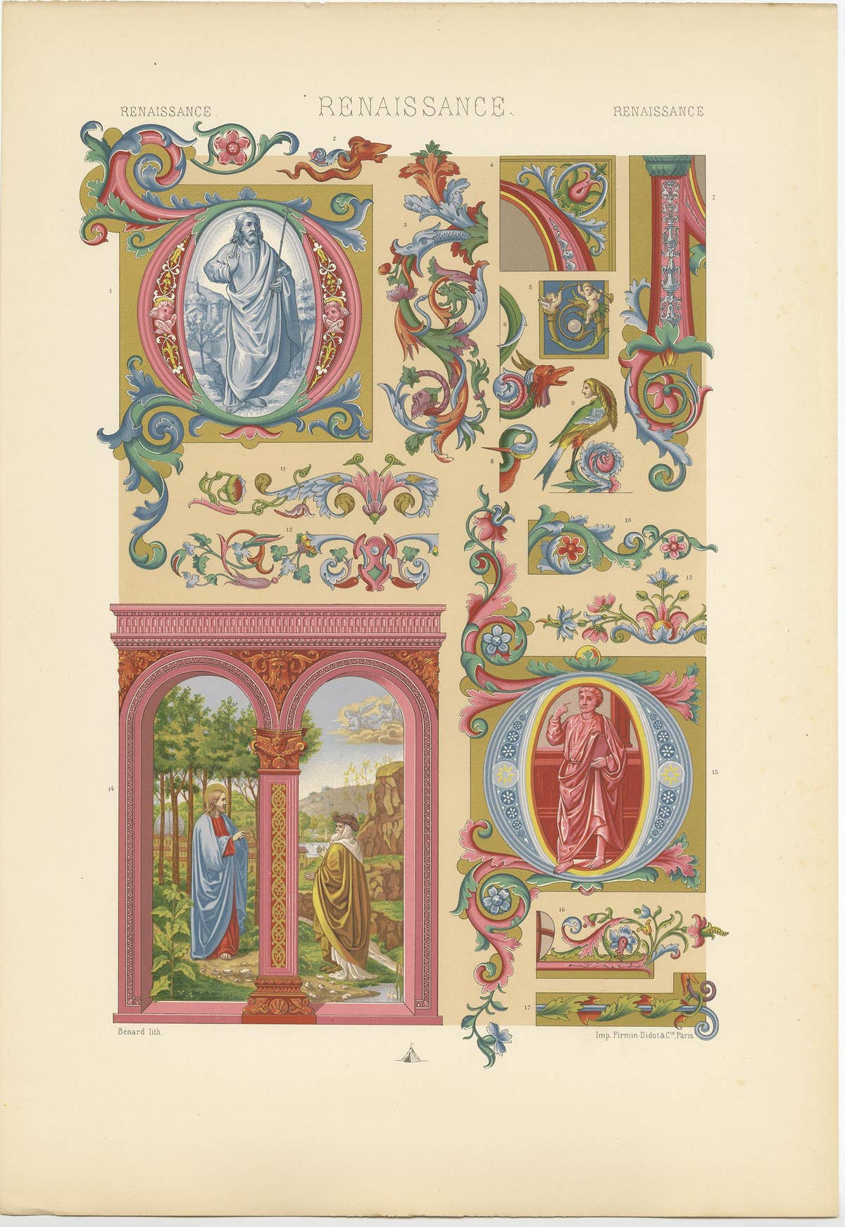 Pl. 77 Antique Print of Renaissance Initials and Ornaments by Racinet circa 1890