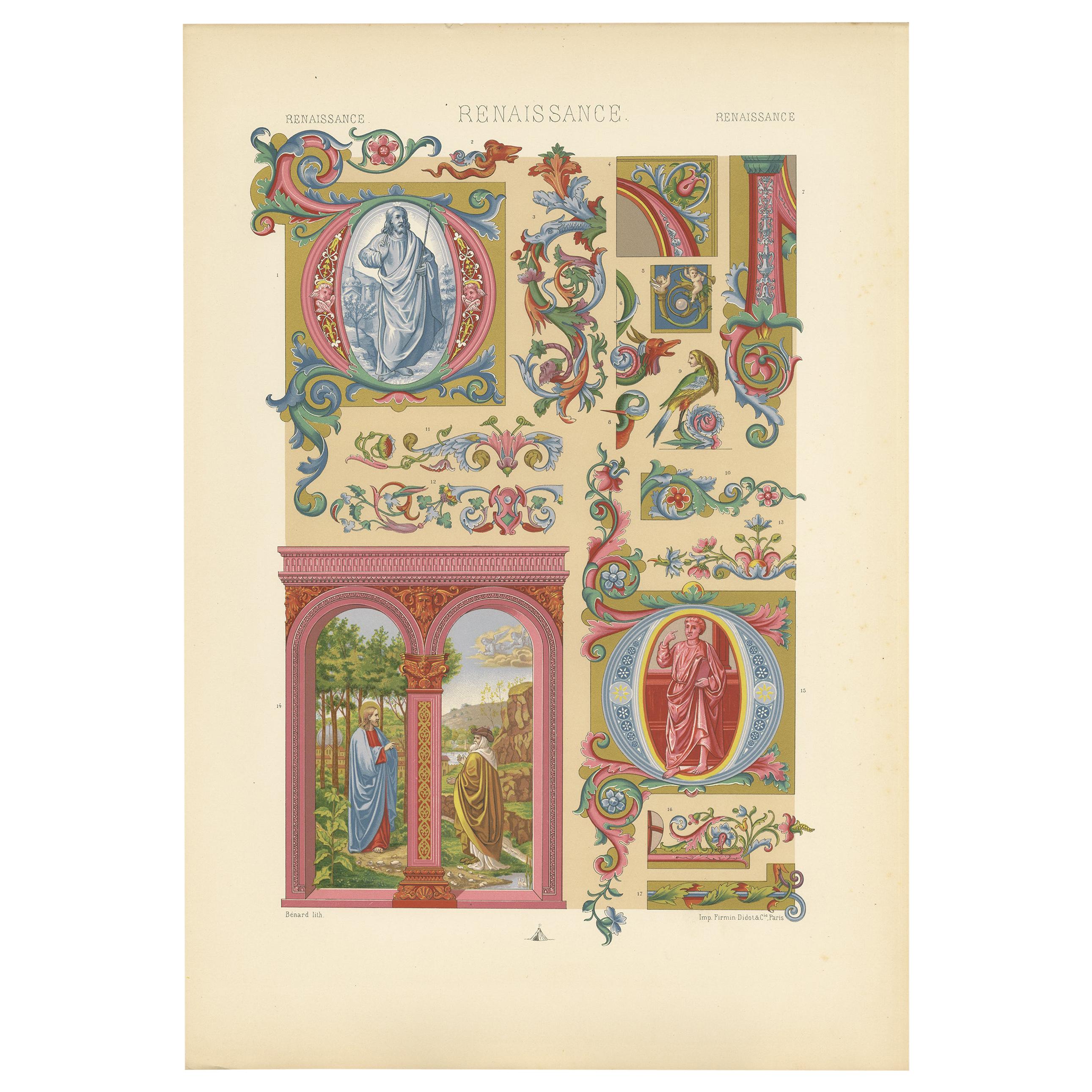 Pl. 77 Antique Print of Renaissance Initials and Ornaments by Racinet circa 1890 For Sale