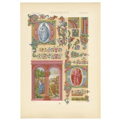 Pl. 77 Grabado antiguo de iniciales y ornamentos renacentistas de Racinet circa 1890