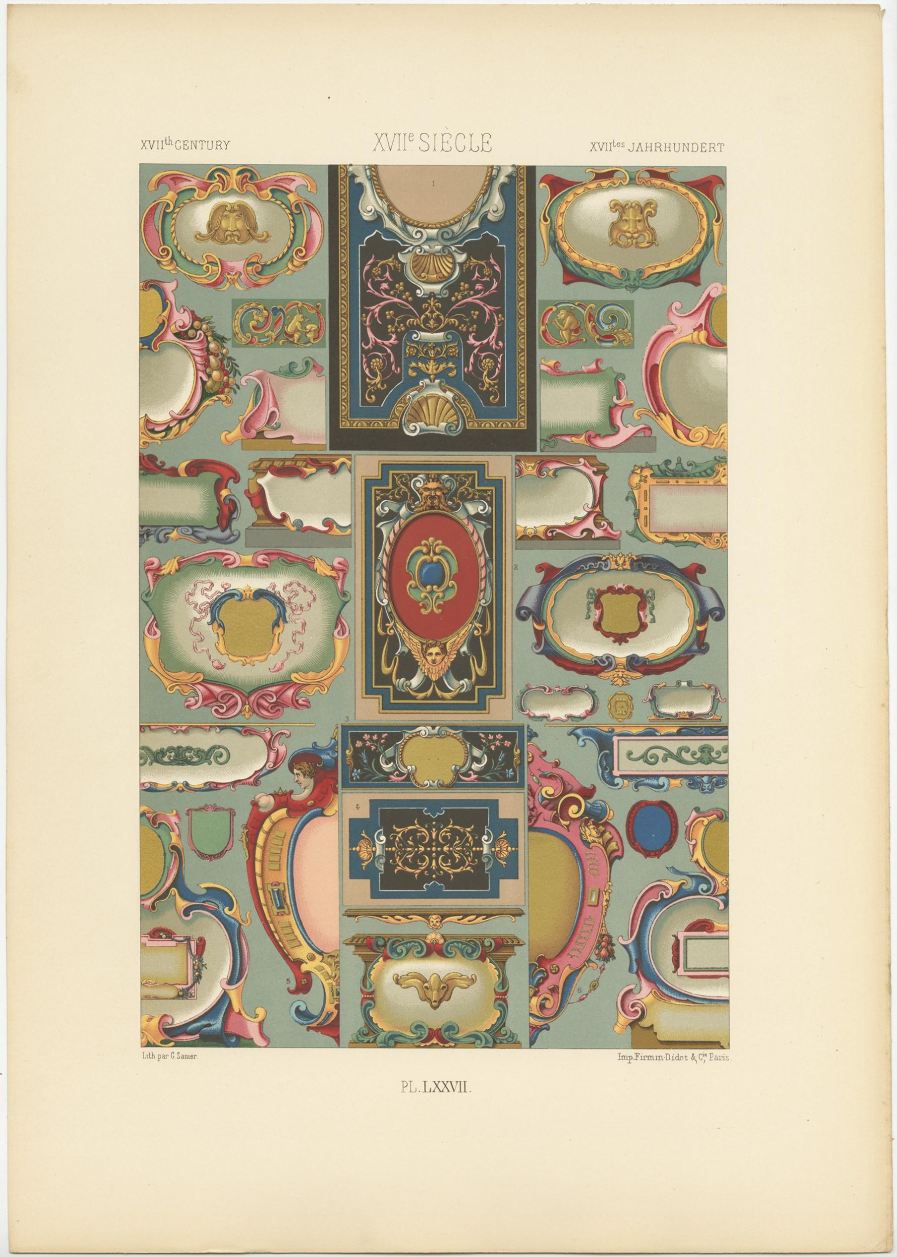 Antique print titled ' XVIIth Century - XVIIe Siecle - XVIItes Jahrhundert'. Chromolithograph of 17th century ornaments and decorative arts. This print originates from 'l'Ornement Polychrome' by Auguste Racinet. Published, circa 1890.