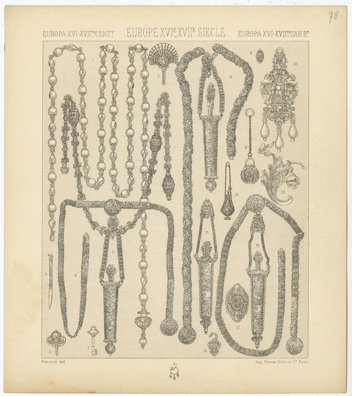 Pl. 78 Antique Print of European Deco Objects by Racinet, circa 1880