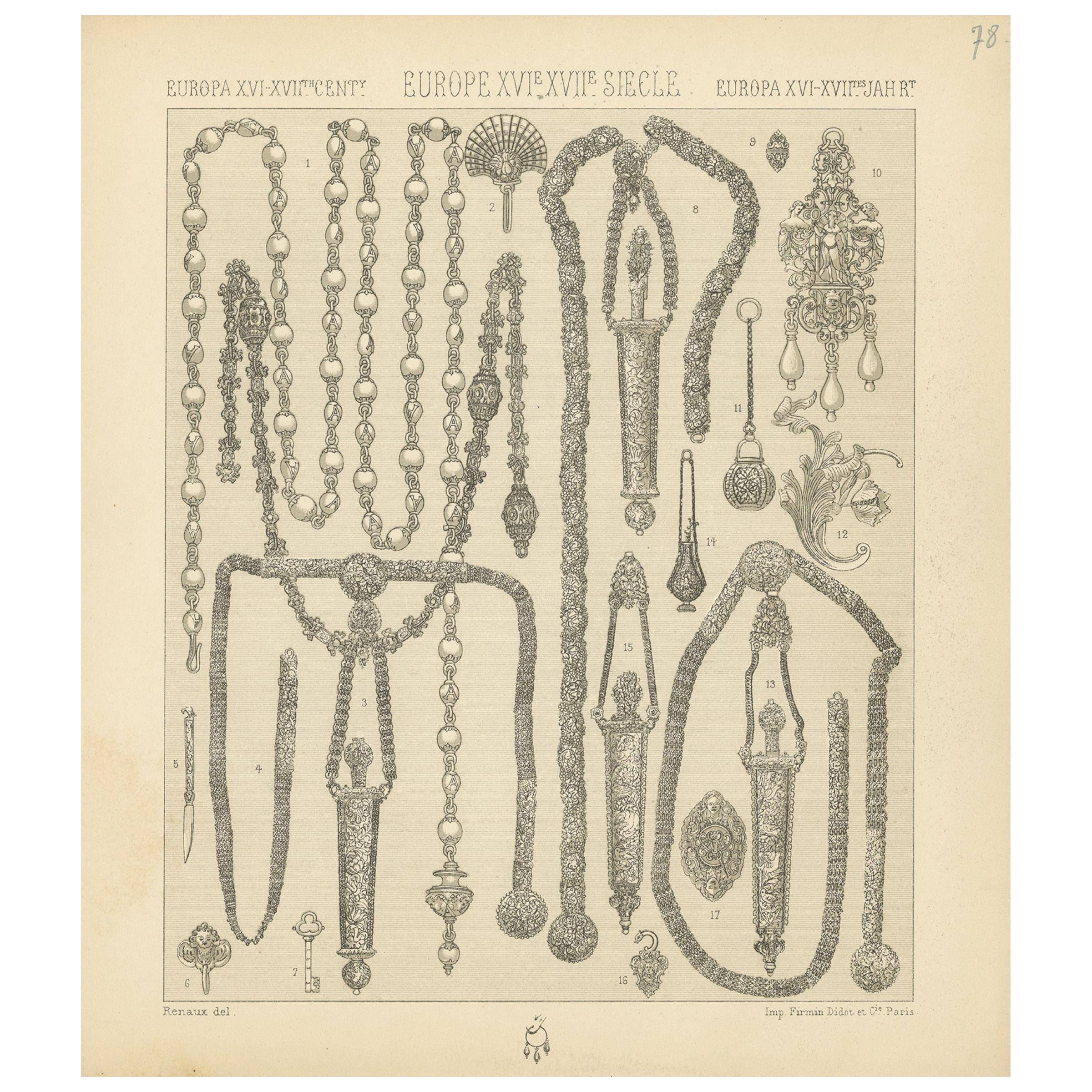 Pl. 78 Antique Print of European Deco Objects by Racinet, circa 1880 For Sale