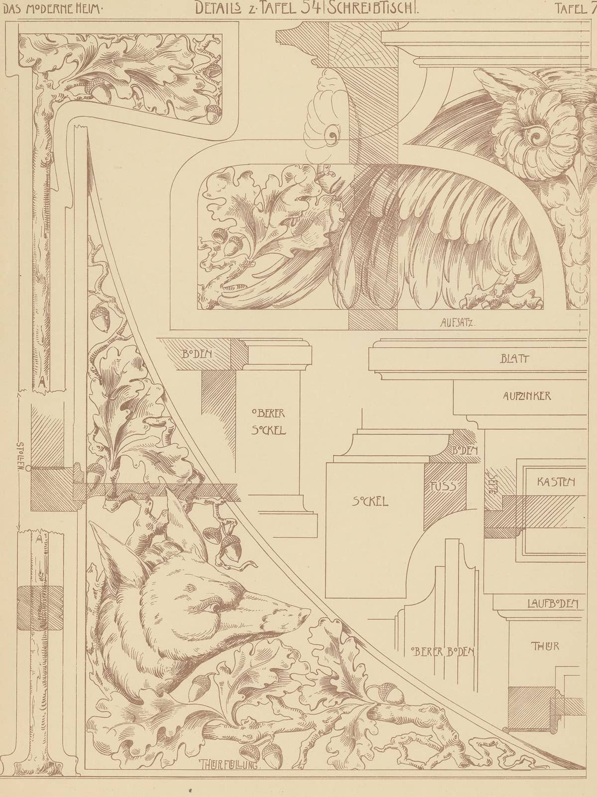 Pl. 78 Antique Print of Furniture Details by Kramer, circa 1910
