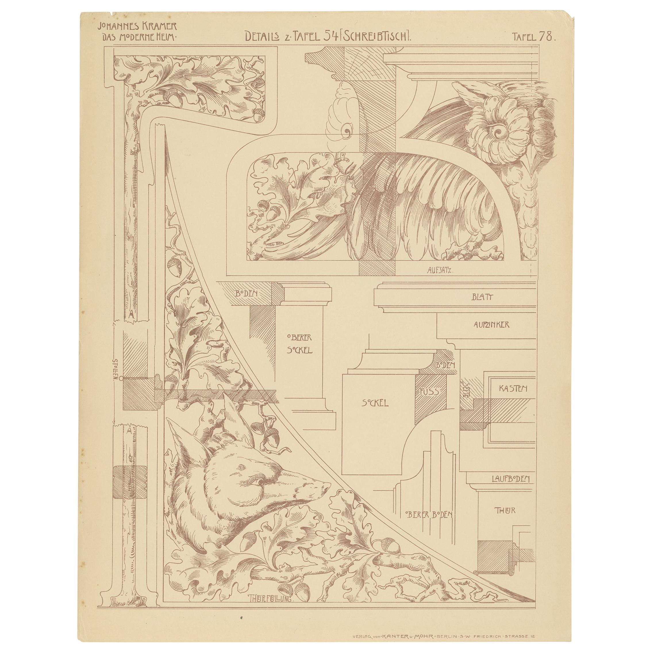 Pl. 78 Antique Print of Furniture Details by Kramer, circa 1910 For Sale