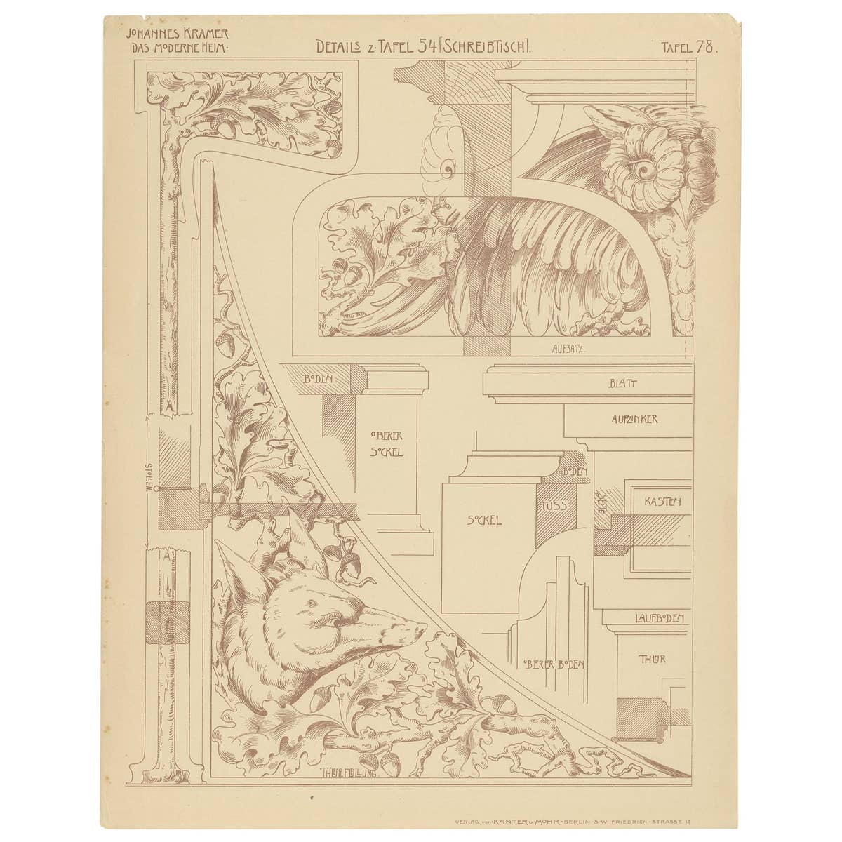 Pl. 78 Antique Print of Furniture Details by Kramer, circa 1910