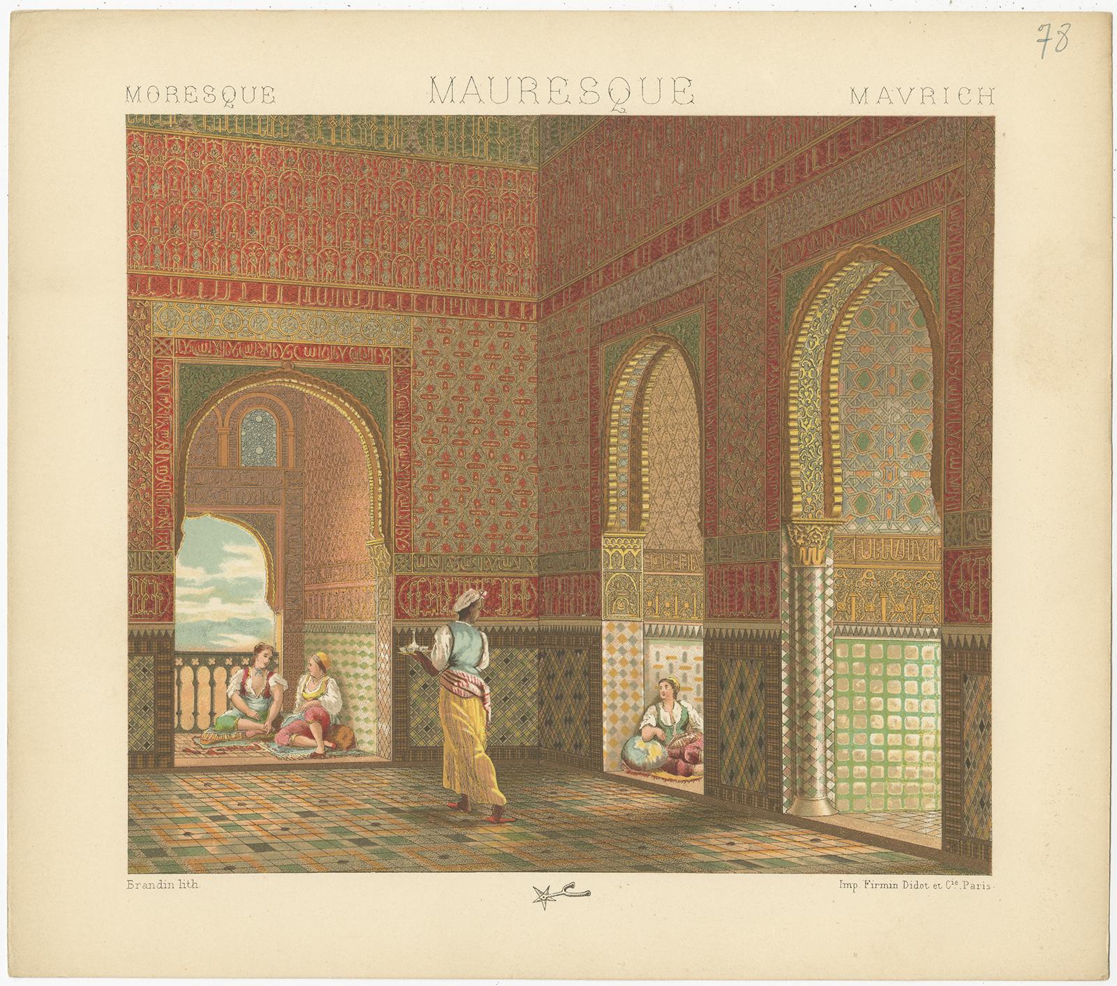 Antique print titled 'Moresque - Mauresque - Mavrich'. Chromolithograph of Mavrich Interior. This print originates from 'Le Costume Historique' by M.A. Racinet. Published, circa 1880.