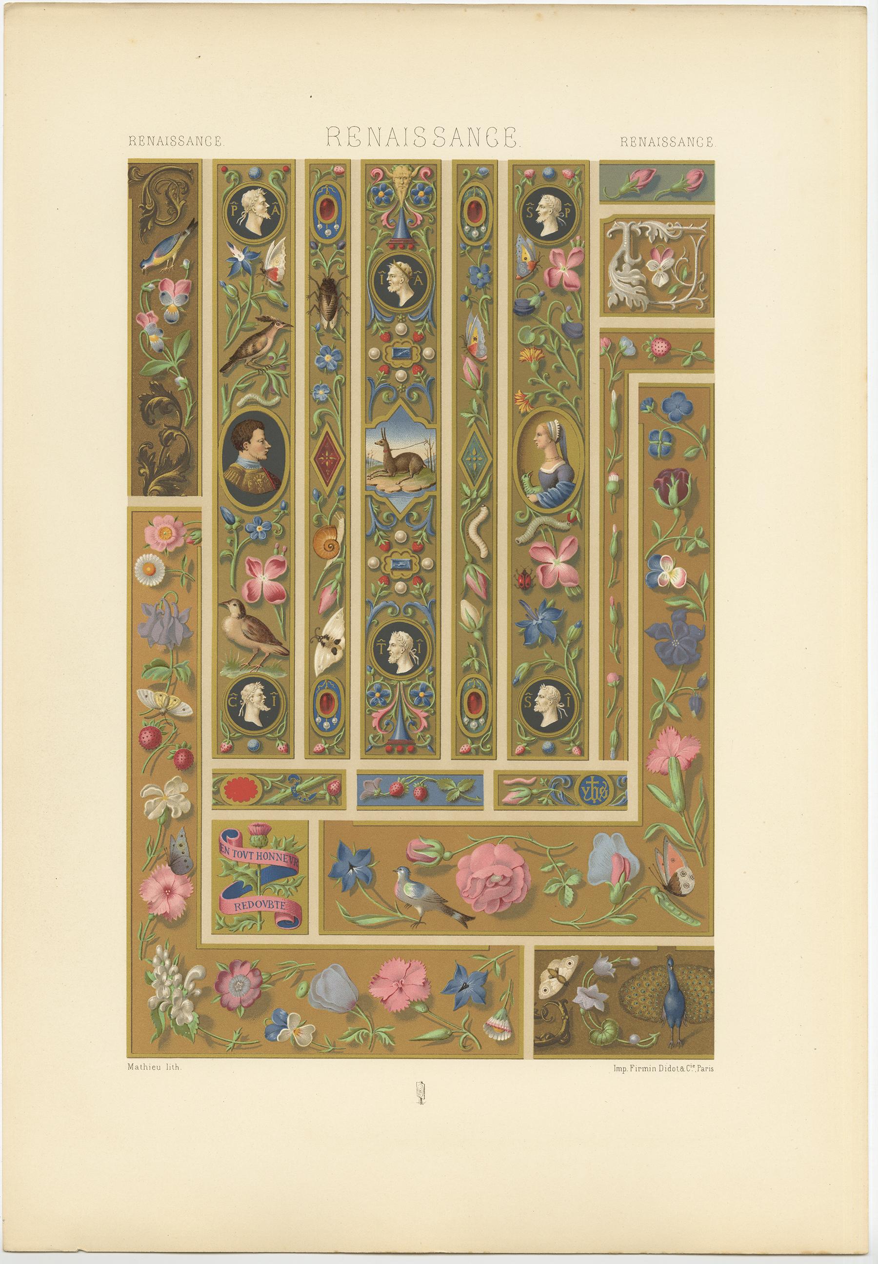 Antique print titled 'Renaissance - Renaissance - Renaissance'. Chromolithograph of margin decorations from manuscripts 15th and 16th centuries ornaments. This print originates from 'l'Ornement Polychrome' by Auguste Racinet. Published circa 1890.