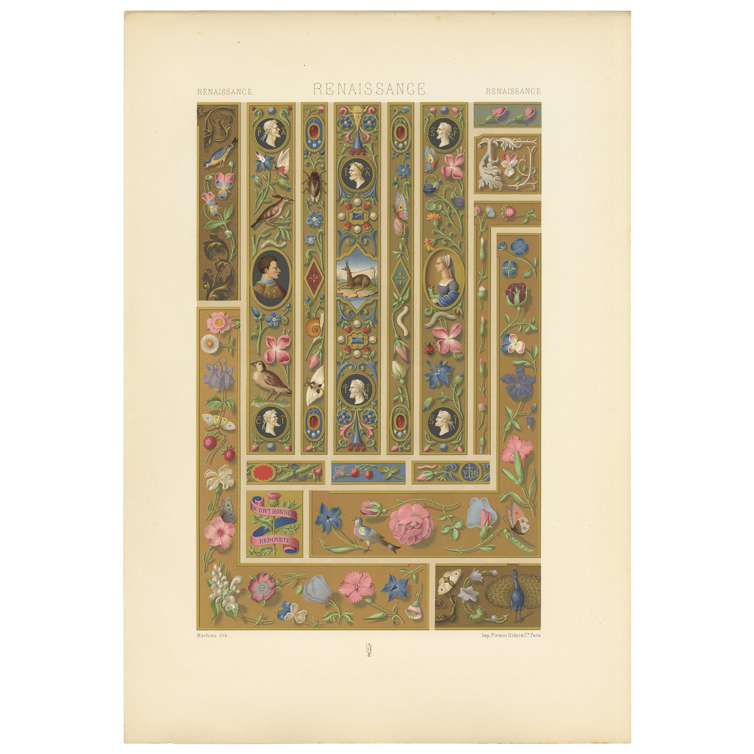 Pl. 78 Antique Print of Renaissance Margin Decorations by Racinet, circa 1890 For Sale